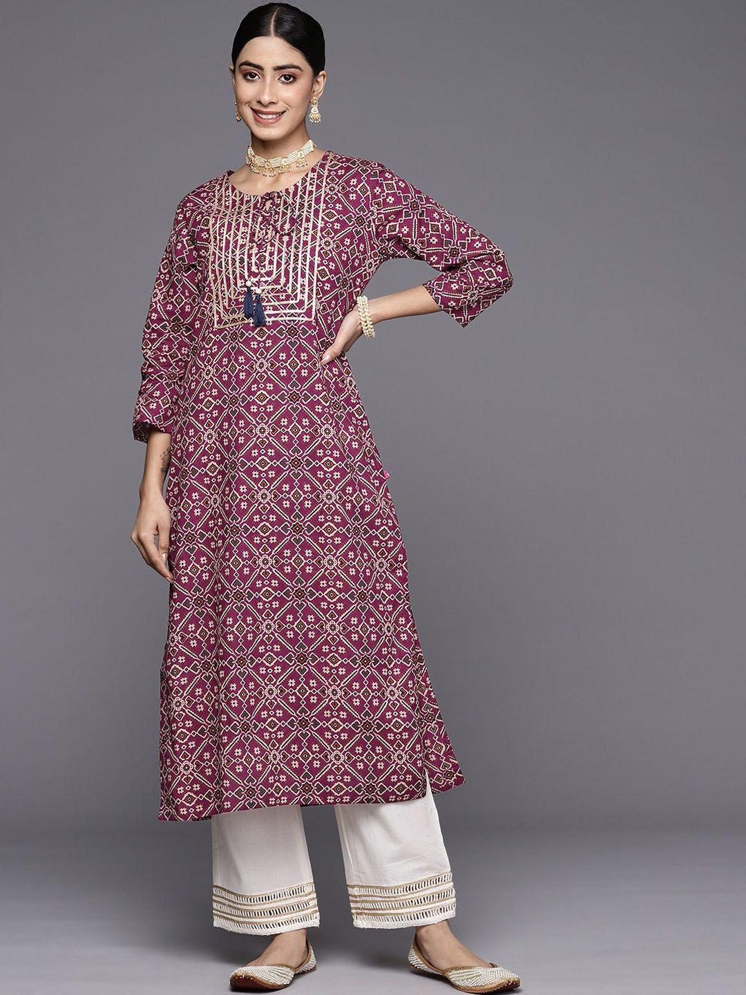 kalini women ethnic motifs printed keyhole neck mirror work kurta