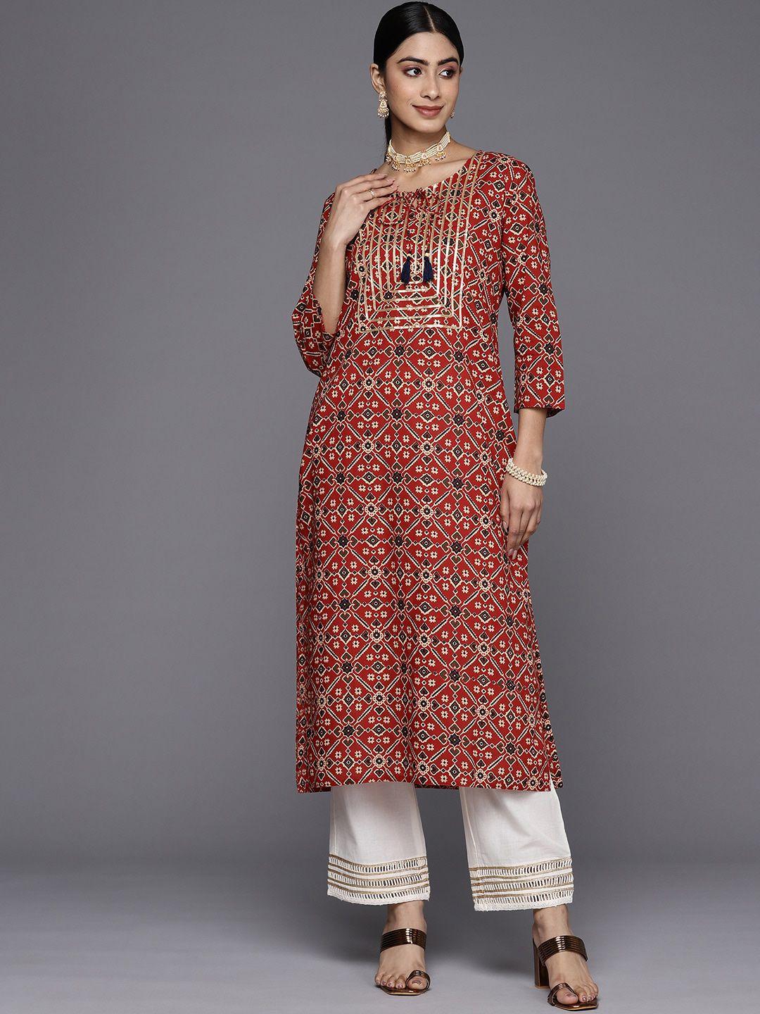 kalini women ethnic motifs printed keyhole neck thread work kurta