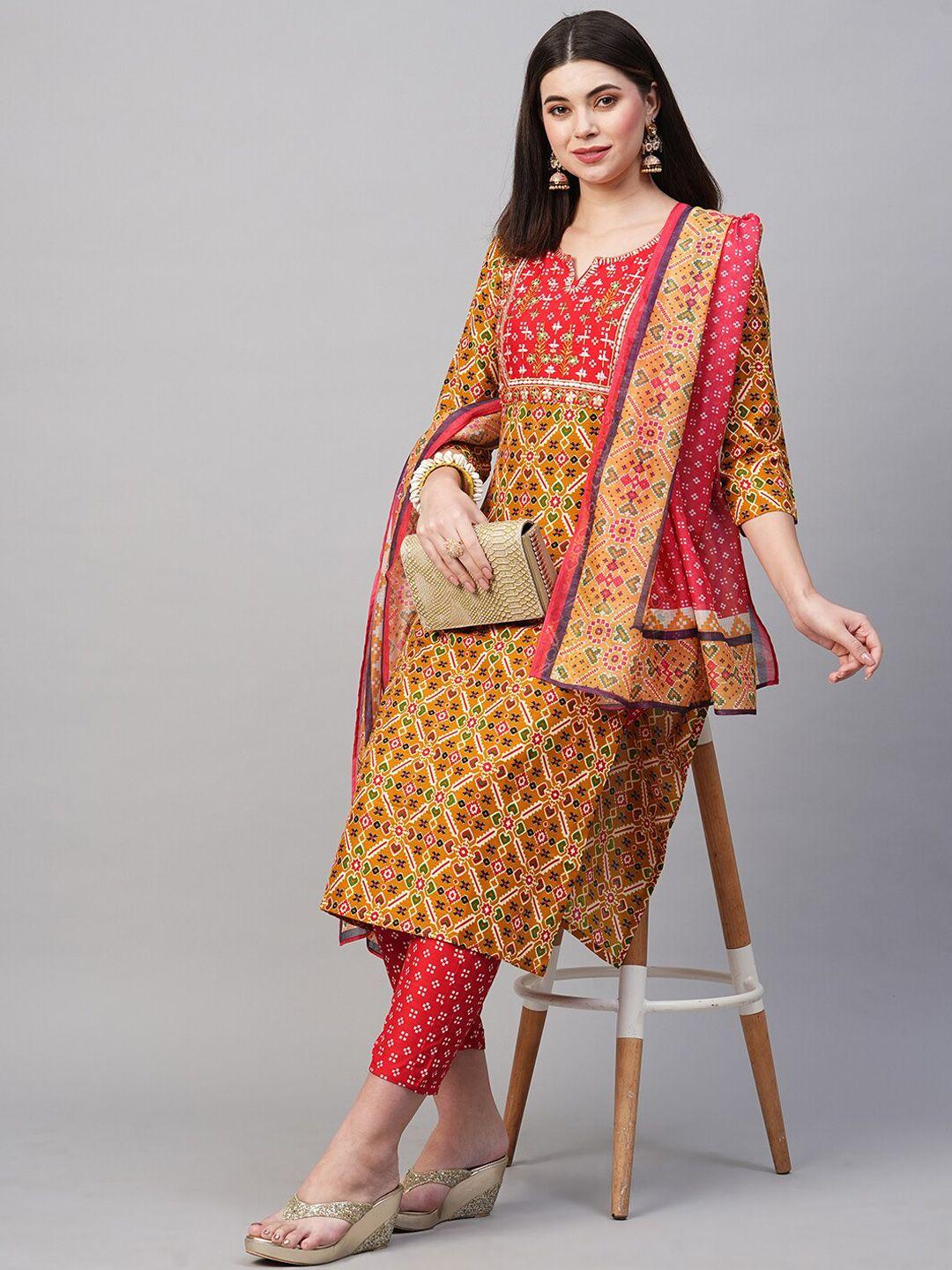 kalini women ethnic motifs printed notch neck kurta with trousers & dupatta