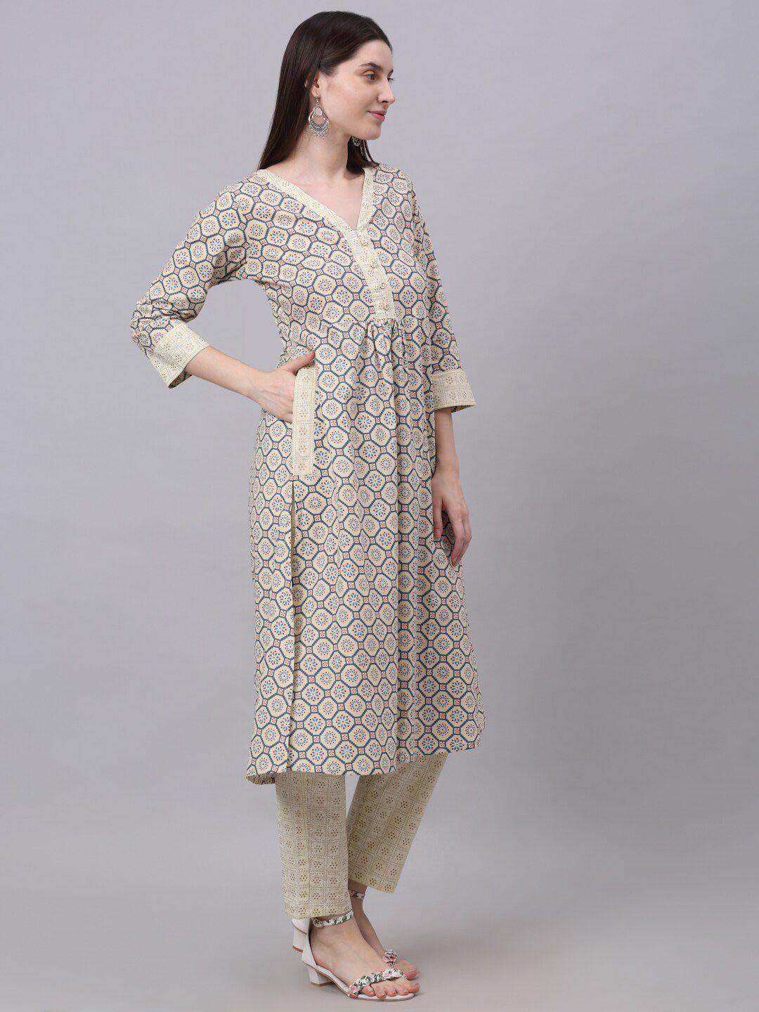 kalini women ethnic motifs printed pleated pure cotton kurta with trousers
