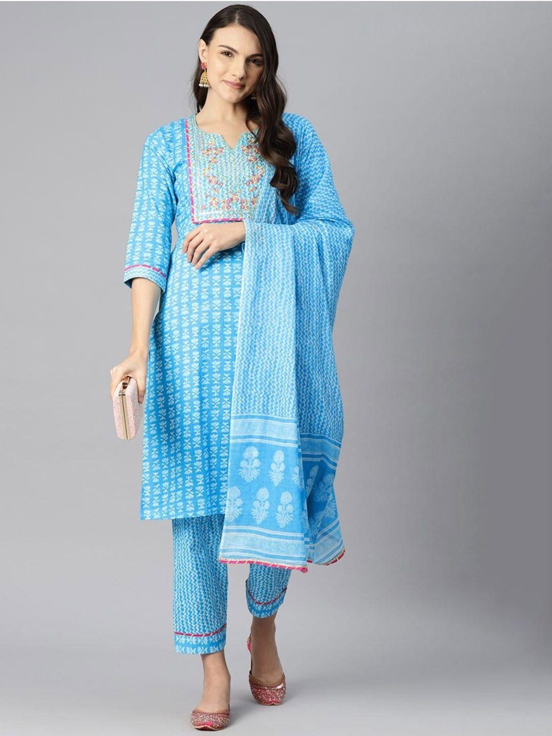 kalini women ethnic motifs printed regular sequinned pure cotton kurta with trousers & with dupatta