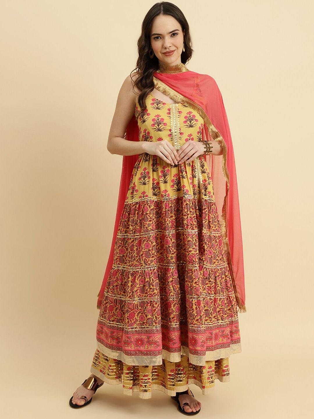 kalini women ethnic motifs printed tiered gotta patti pure cotton kurta with sharara & with dupatta