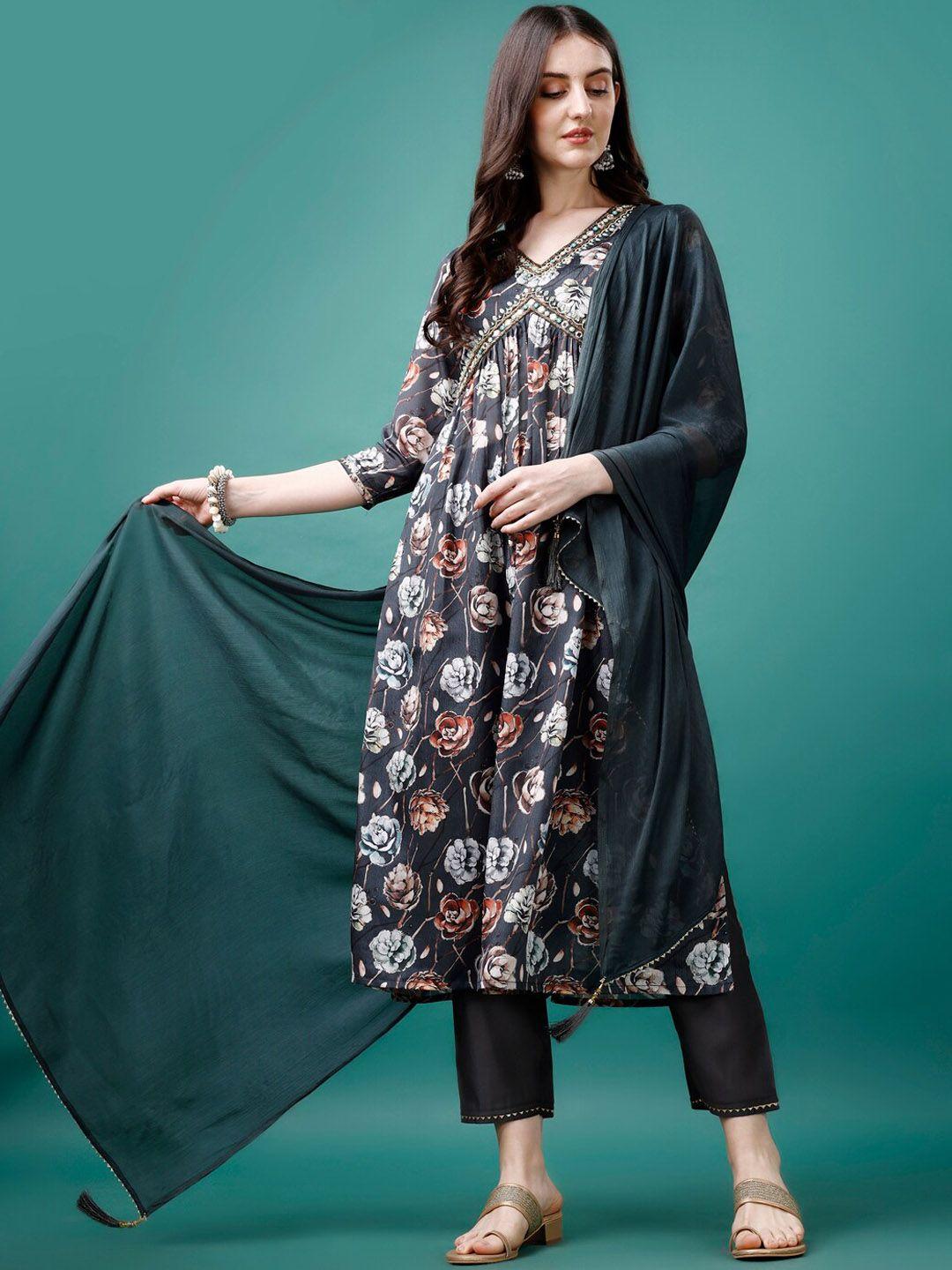 kalini women floral embroidered pleated beads &stones  kurta with trousers & dupatta