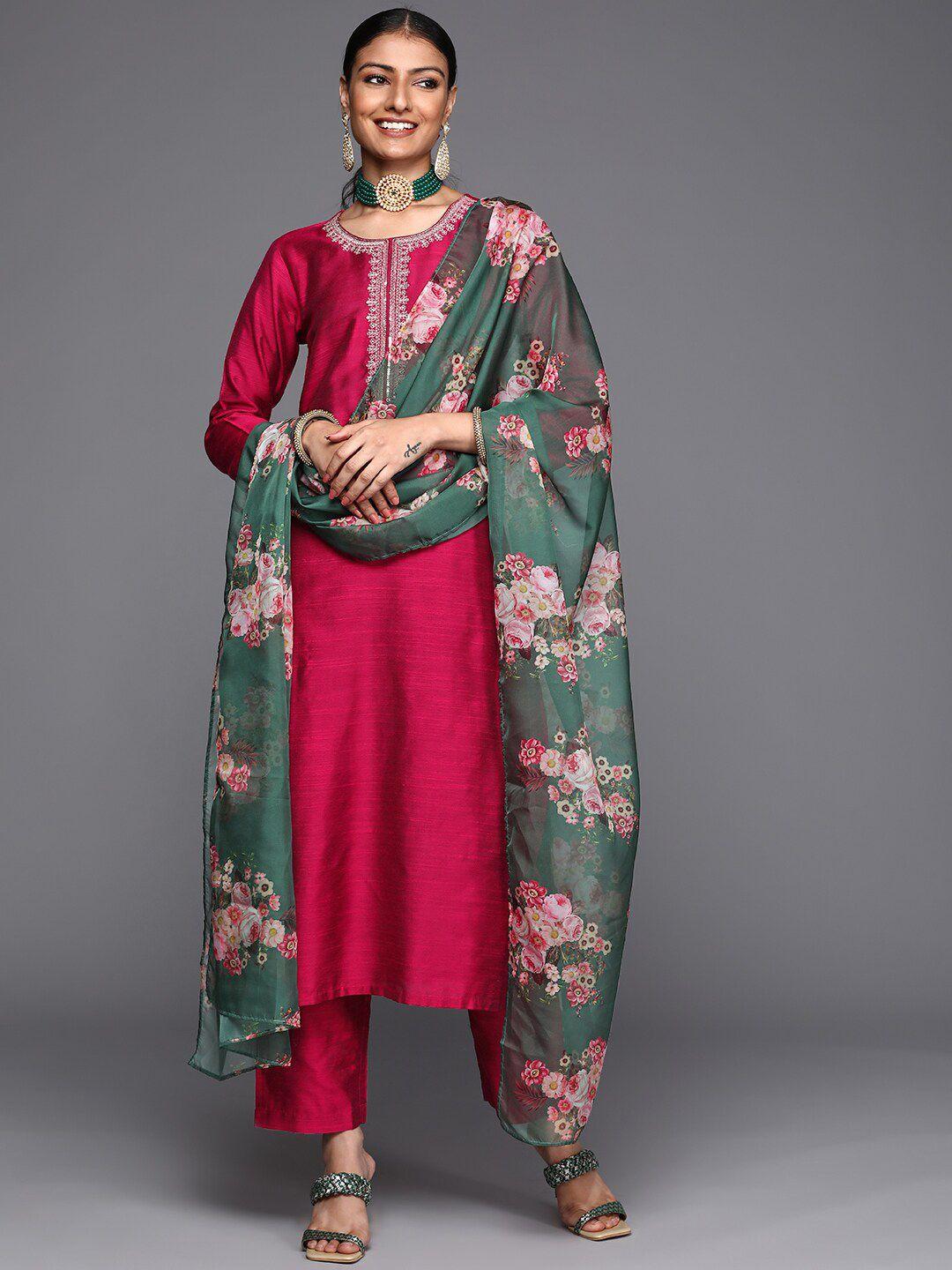 kalini women floral embroidered regular beads and stones kurta with trousers & with dupatta