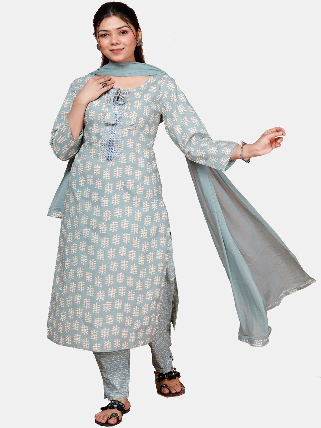 kalini women floral embroidered regular pure cotton kurta with trousers & with dupatta