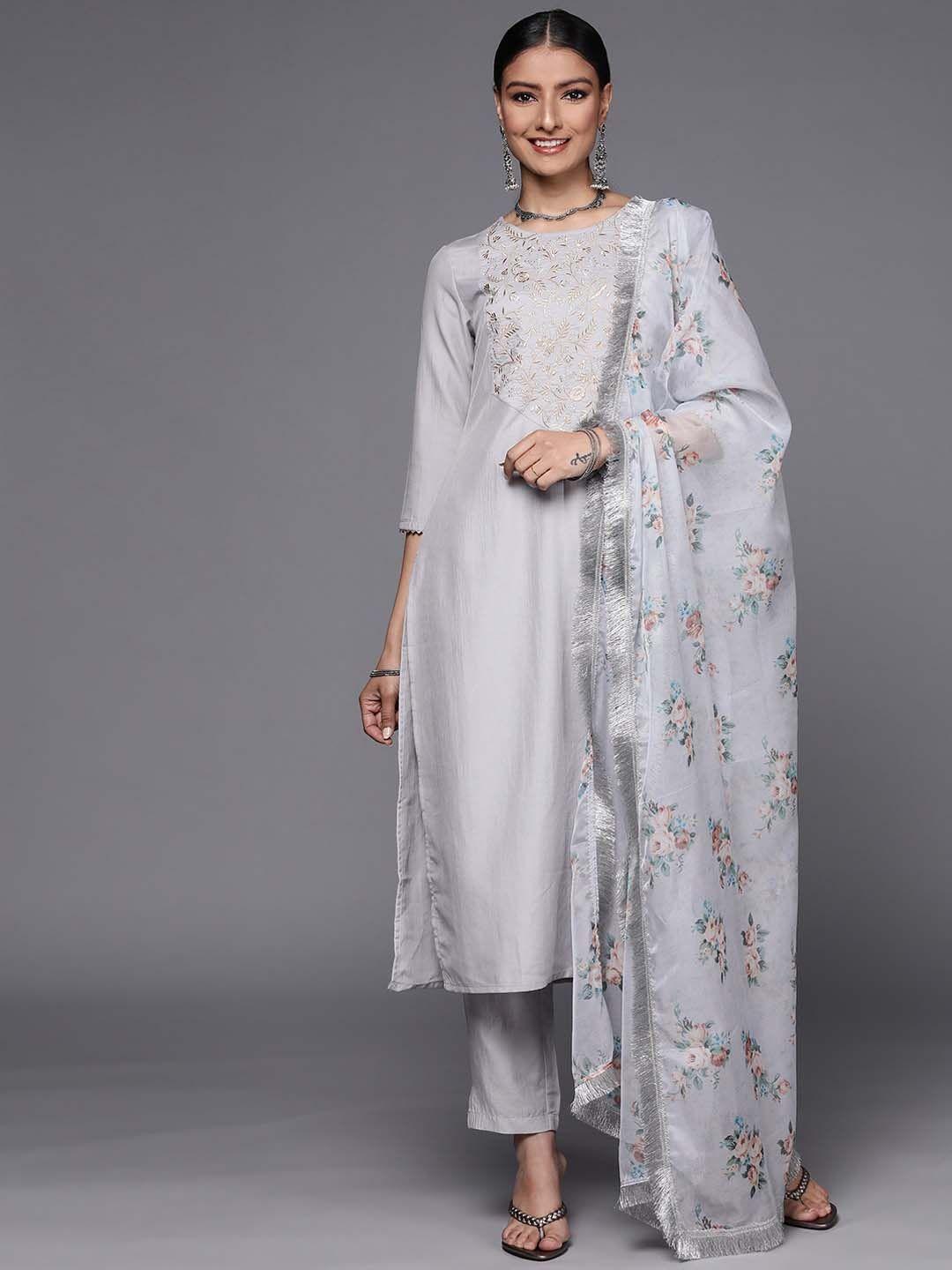 kalini women floral embroidered regular thread work kurta with trousers & with dupatta