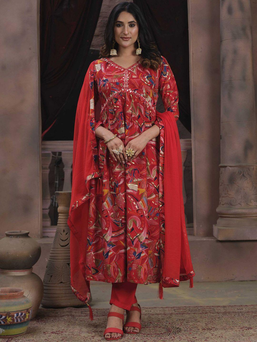 kalini women floral printed empire mirror work kurta with trousers & with dupatta