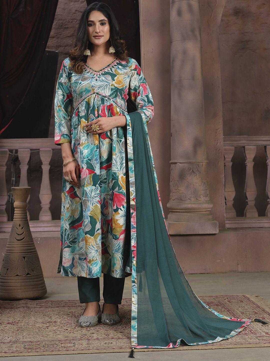kalini women floral printed empire mirror work kurti with trousers & with dupatta