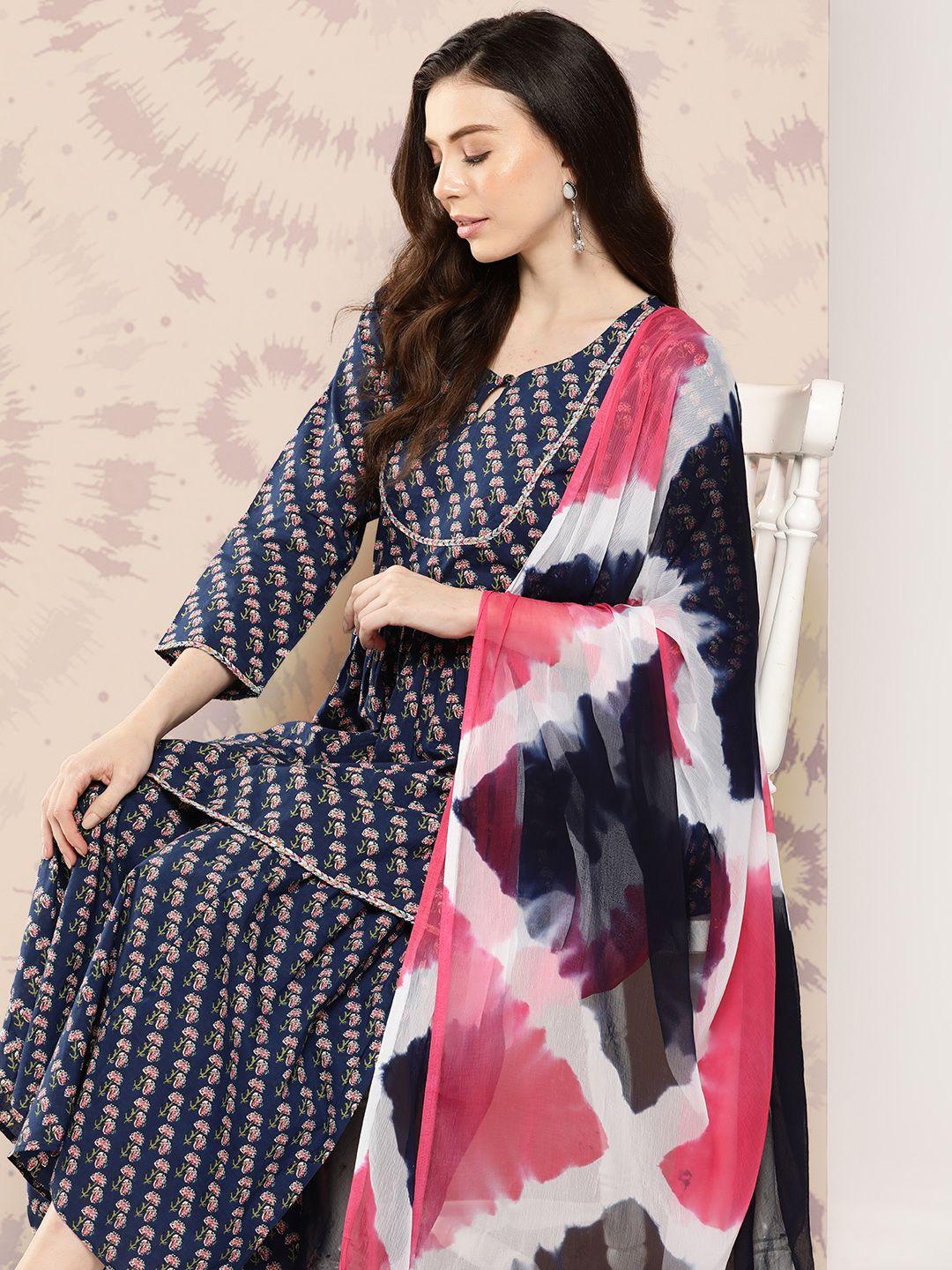 kalini women floral printed empire pure cotton kurta with sharara & with dupatta