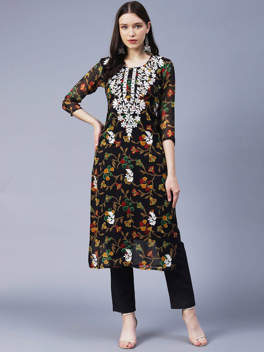 kalini women floral printed georgette chikankari embroidery kurti