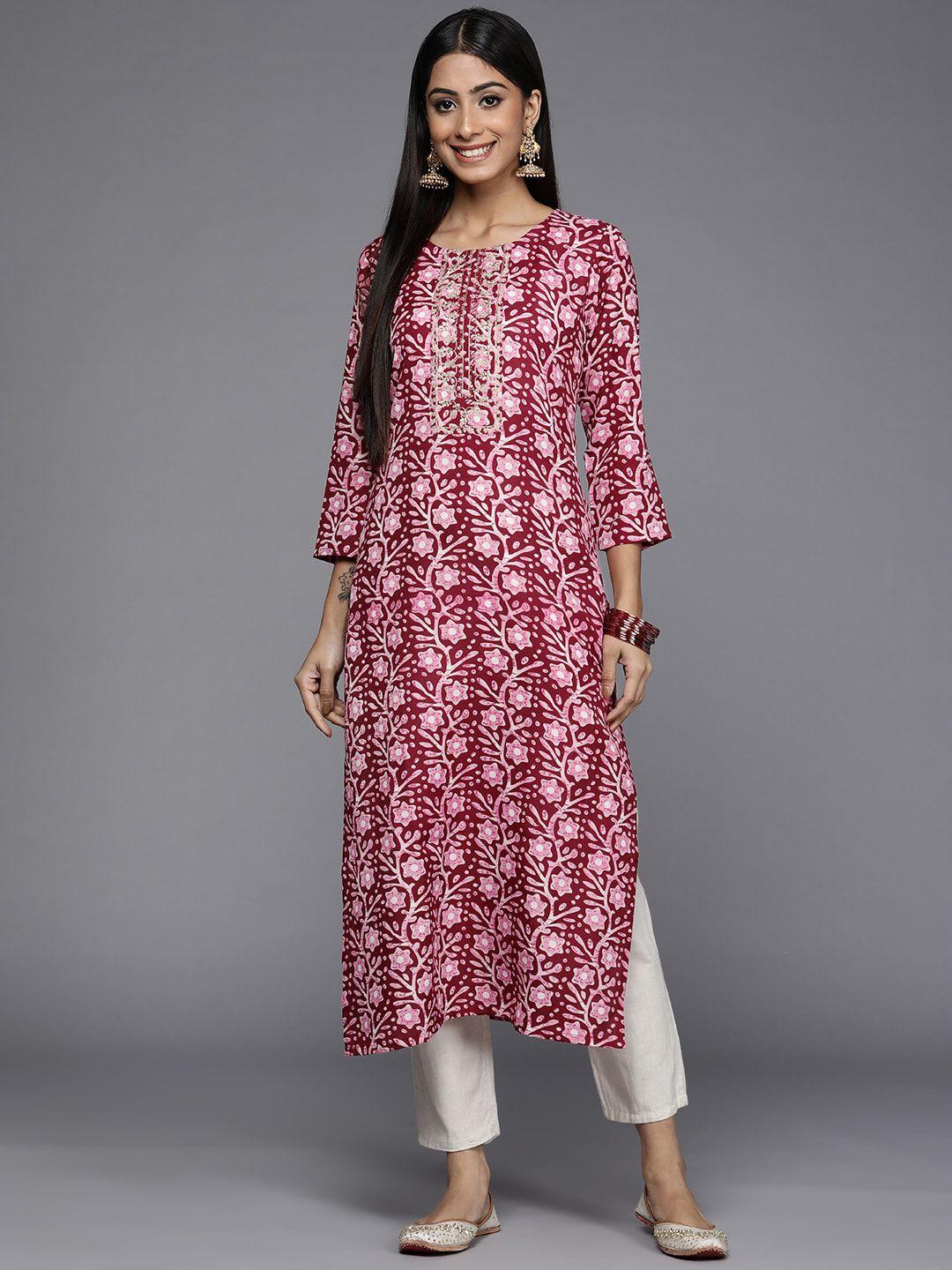 kalini women floral printed keyhole neck mirror work kurta