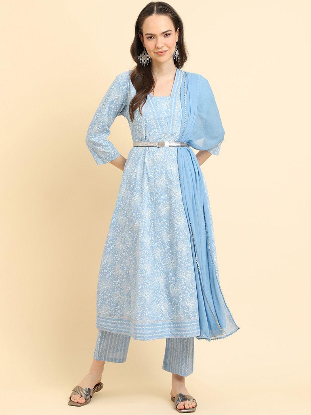 kalini women floral printed panelled gotta patti pure cotton kurta with trousers & with dupatta