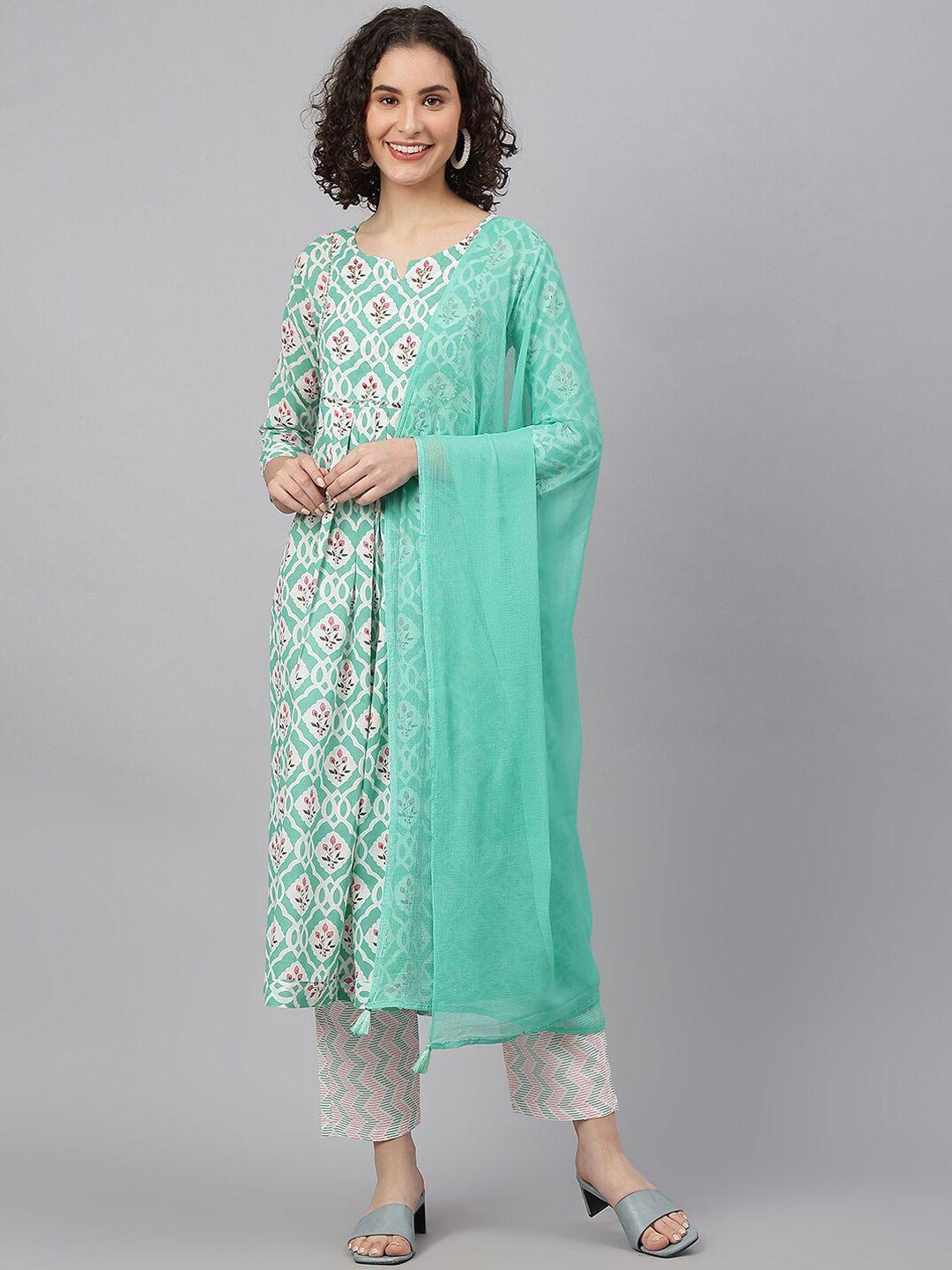 kalini women floral printed pleated gotta patti pure cotton kurta with trousers & dupatta