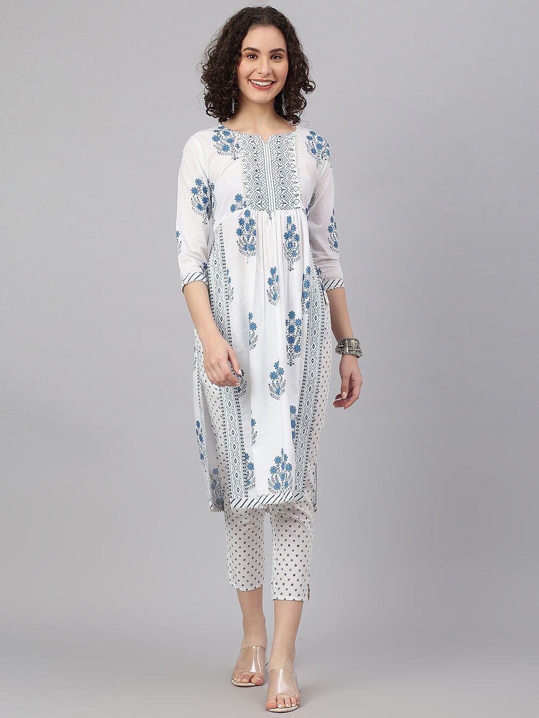 kalini women floral printed pleated gotta patti pure cotton kurta with trousers