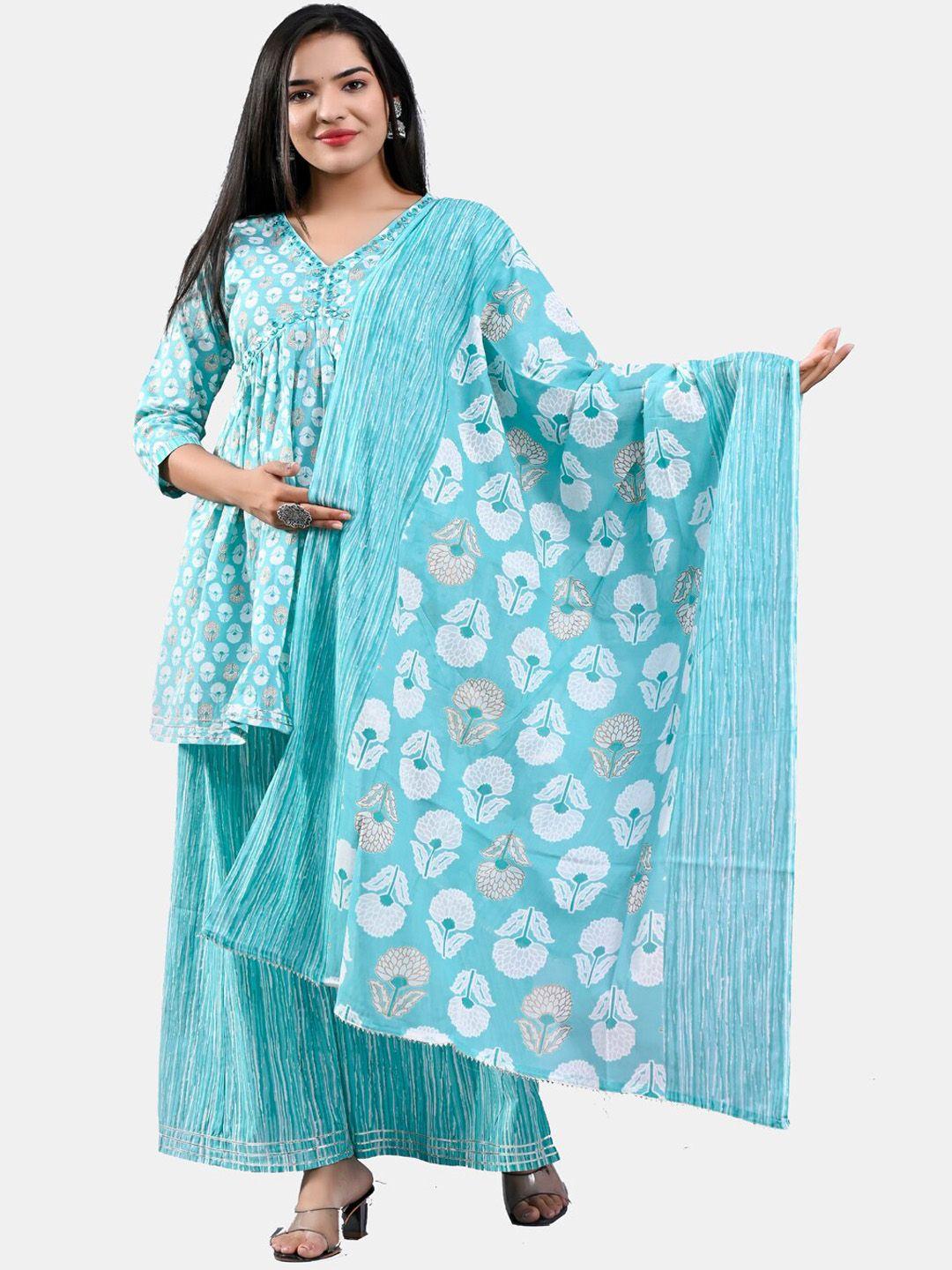 kalini women floral printed pleated mirror work pure cotton kurta with sharara & dupatta