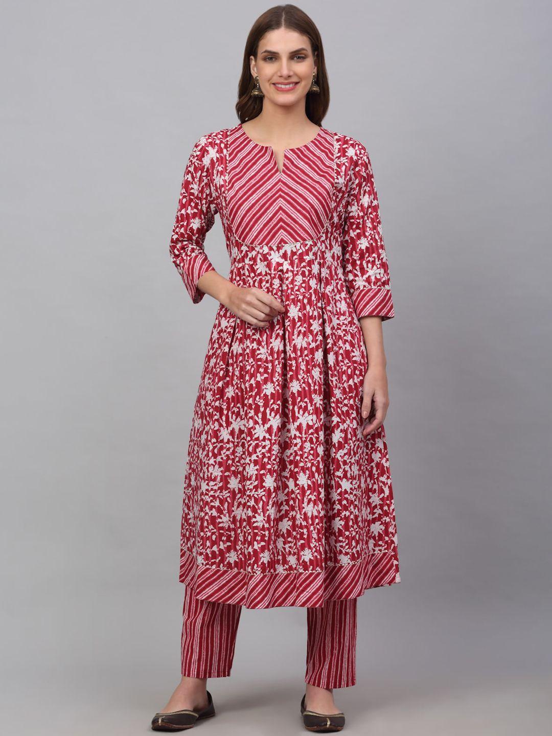 kalini women floral printed pleated pure cotton notch neck kurta with trousers