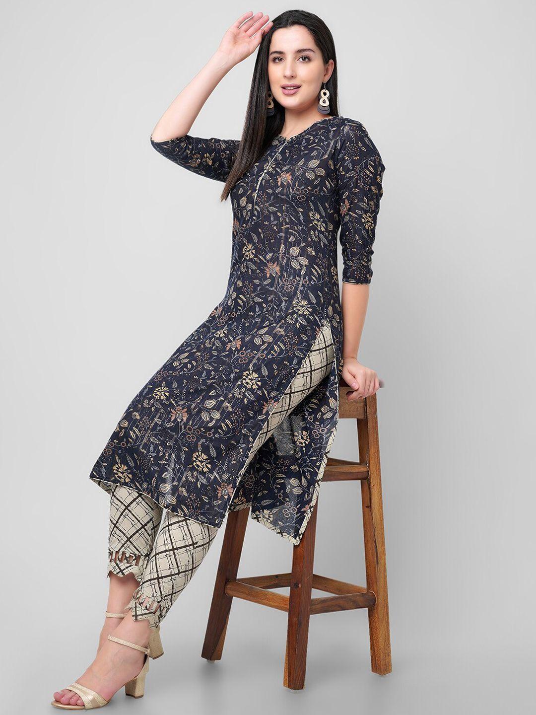 kalini women floral printed pure cotton kurta with trousers
