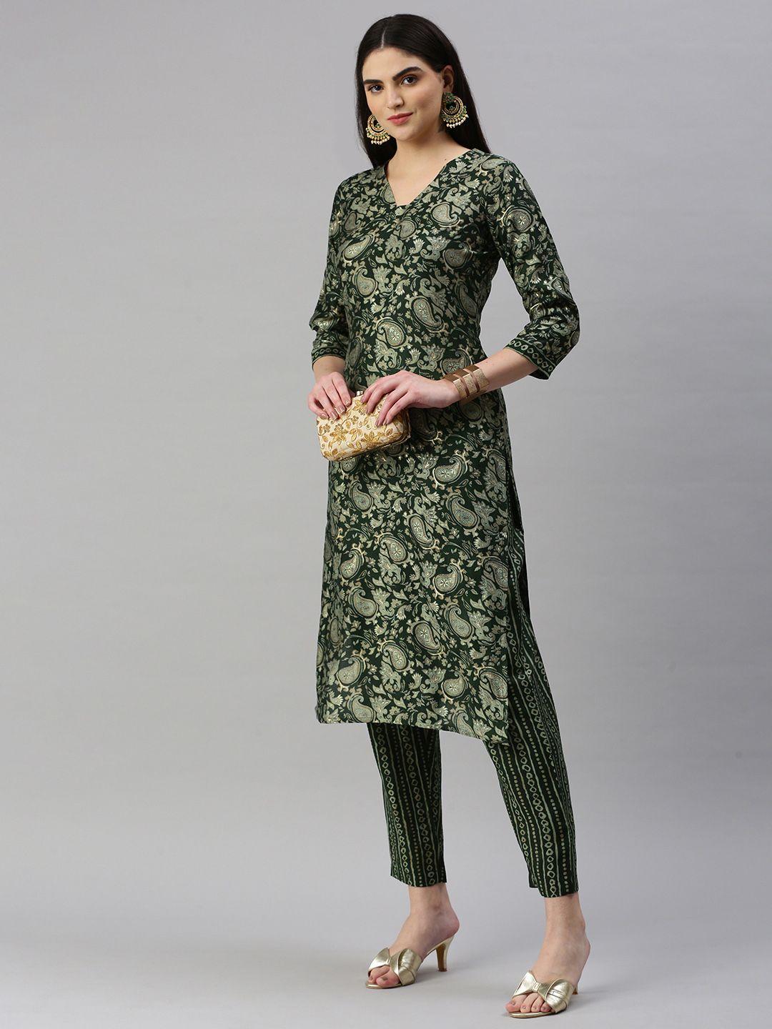 kalini women floral printed regular chanderi cotton kurta with trousers