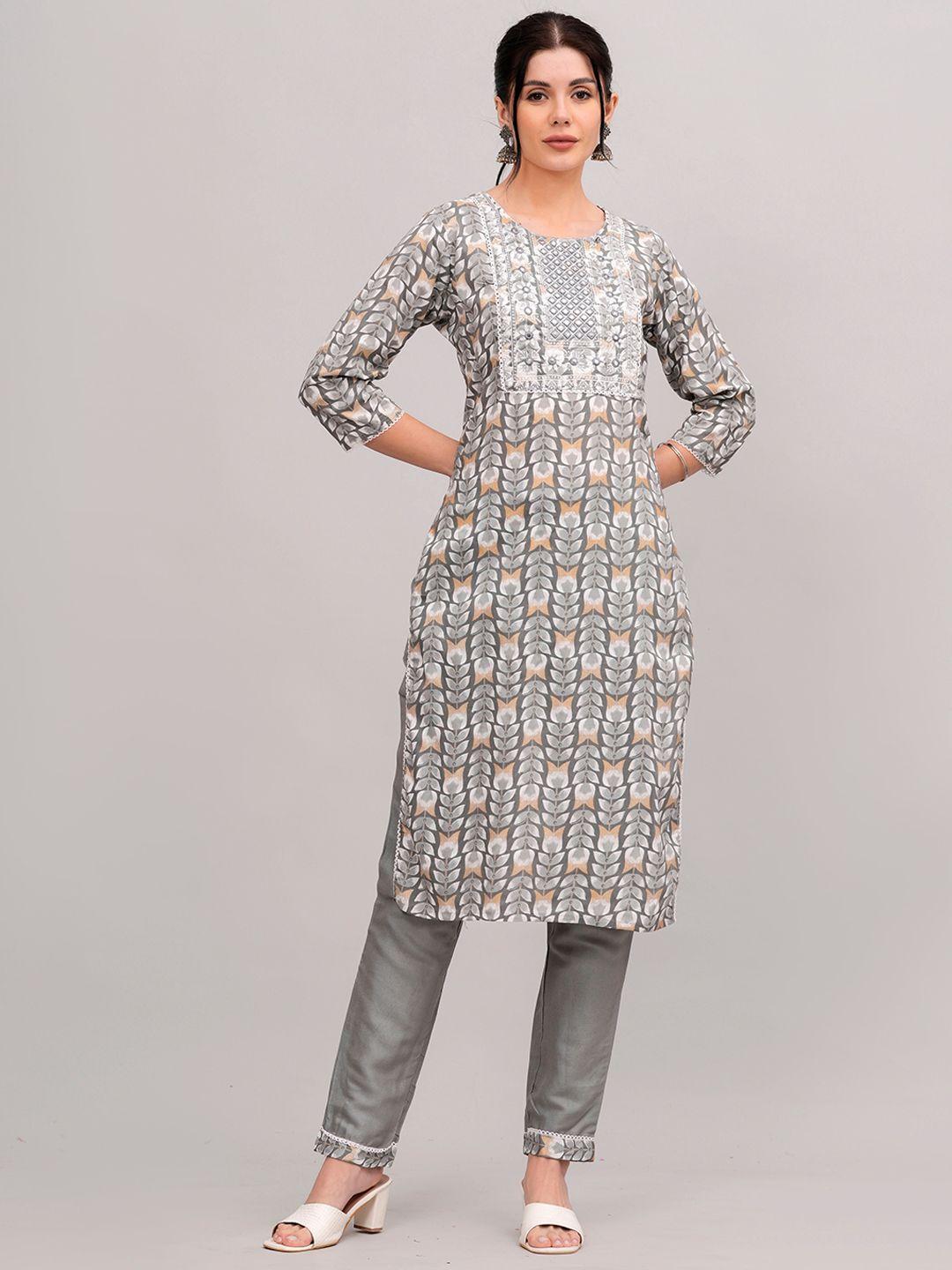 kalini women floral printed regular mirror work kurta with trousers