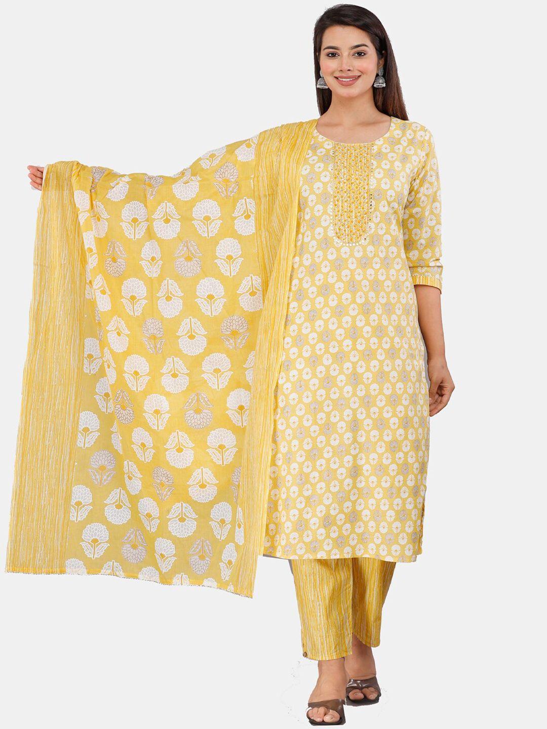 kalini women floral printed regular mirror work pure cotton kurta with trousers & dupatta