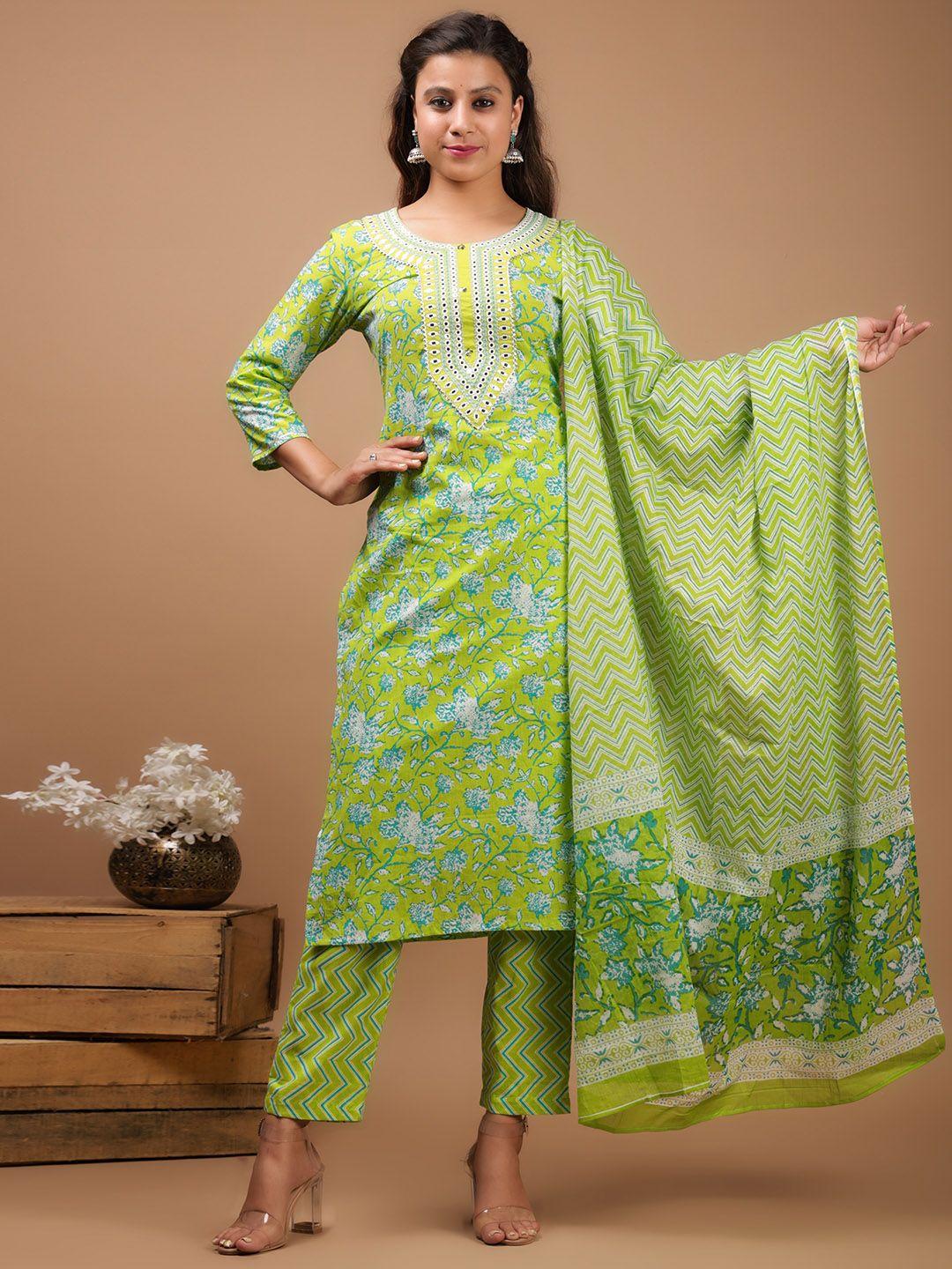 kalini women floral printed regular mirror work pure cotton kurta with trousers & with dupatta