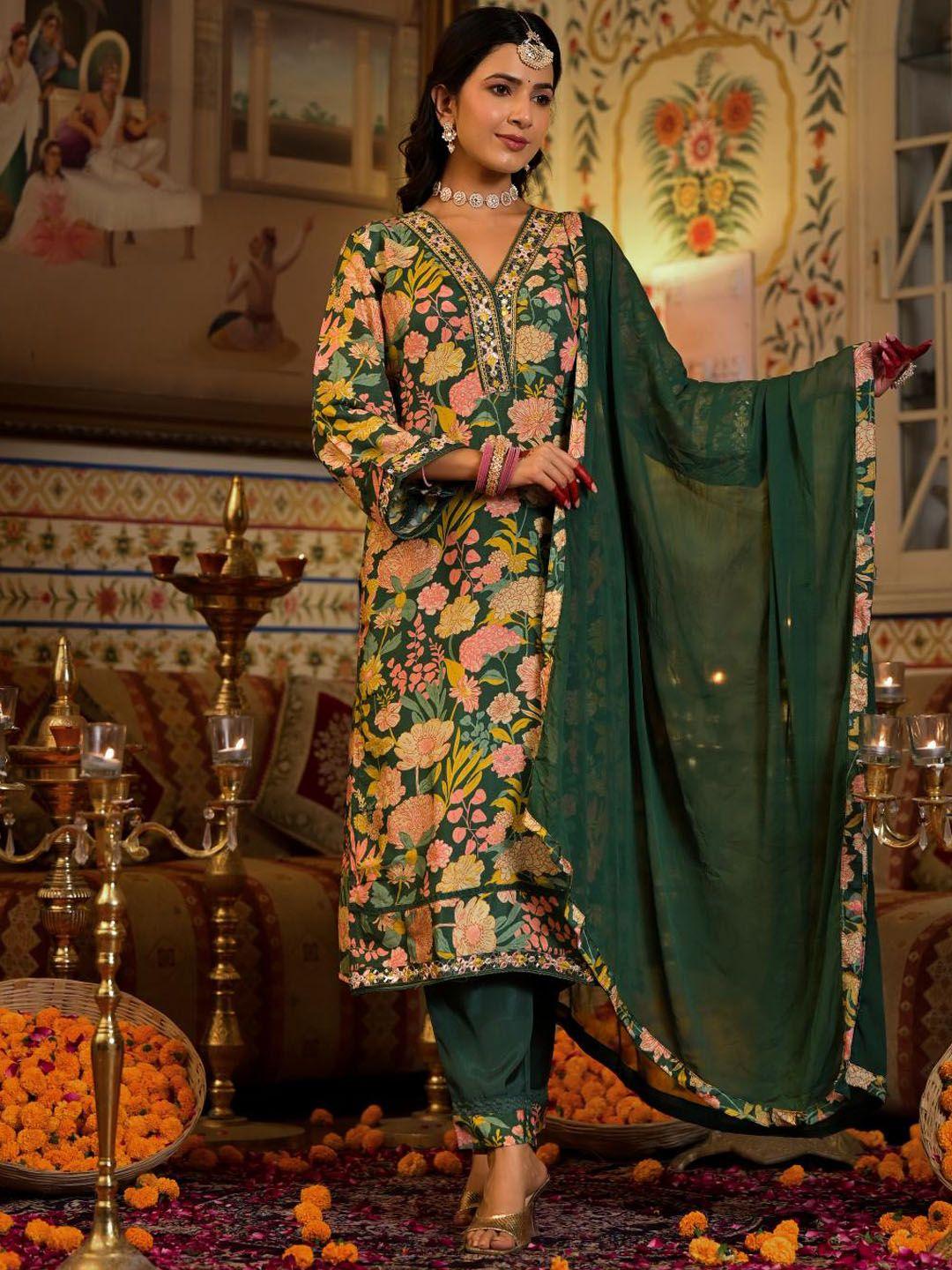 kalini women floral printed regular mirror work pure silk kurta with palazzos & with dupatta
