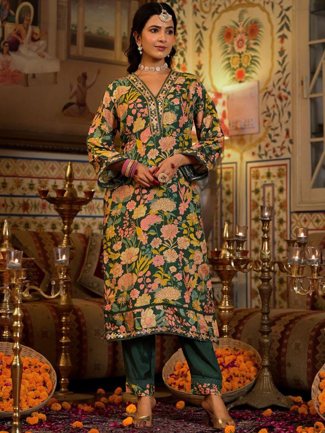 kalini women floral printed regular mirror work pure silk kurta with trousers & with dupatta