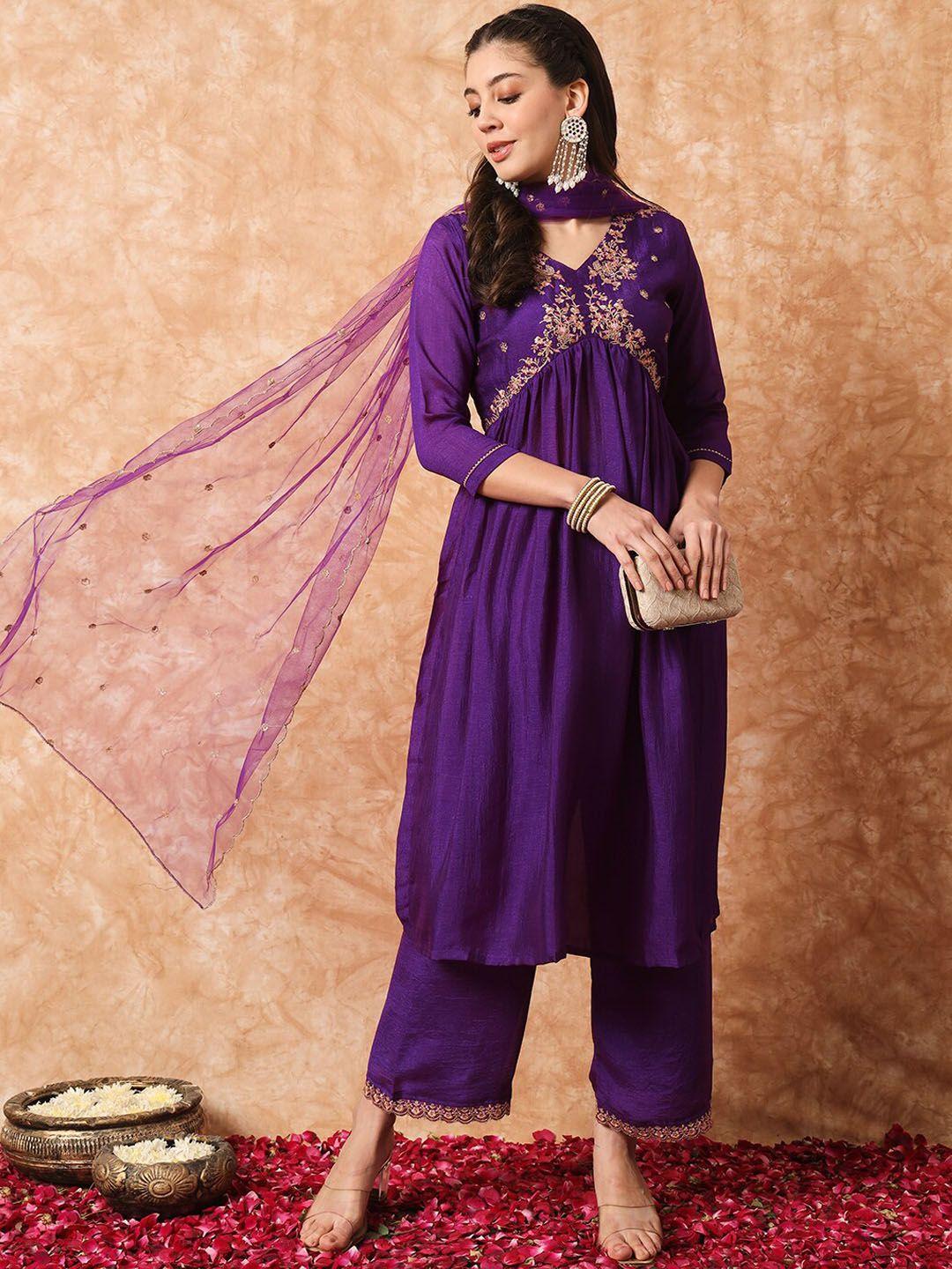 kalini women floral yoke design empire thread work kurta with trousers & with dupatta