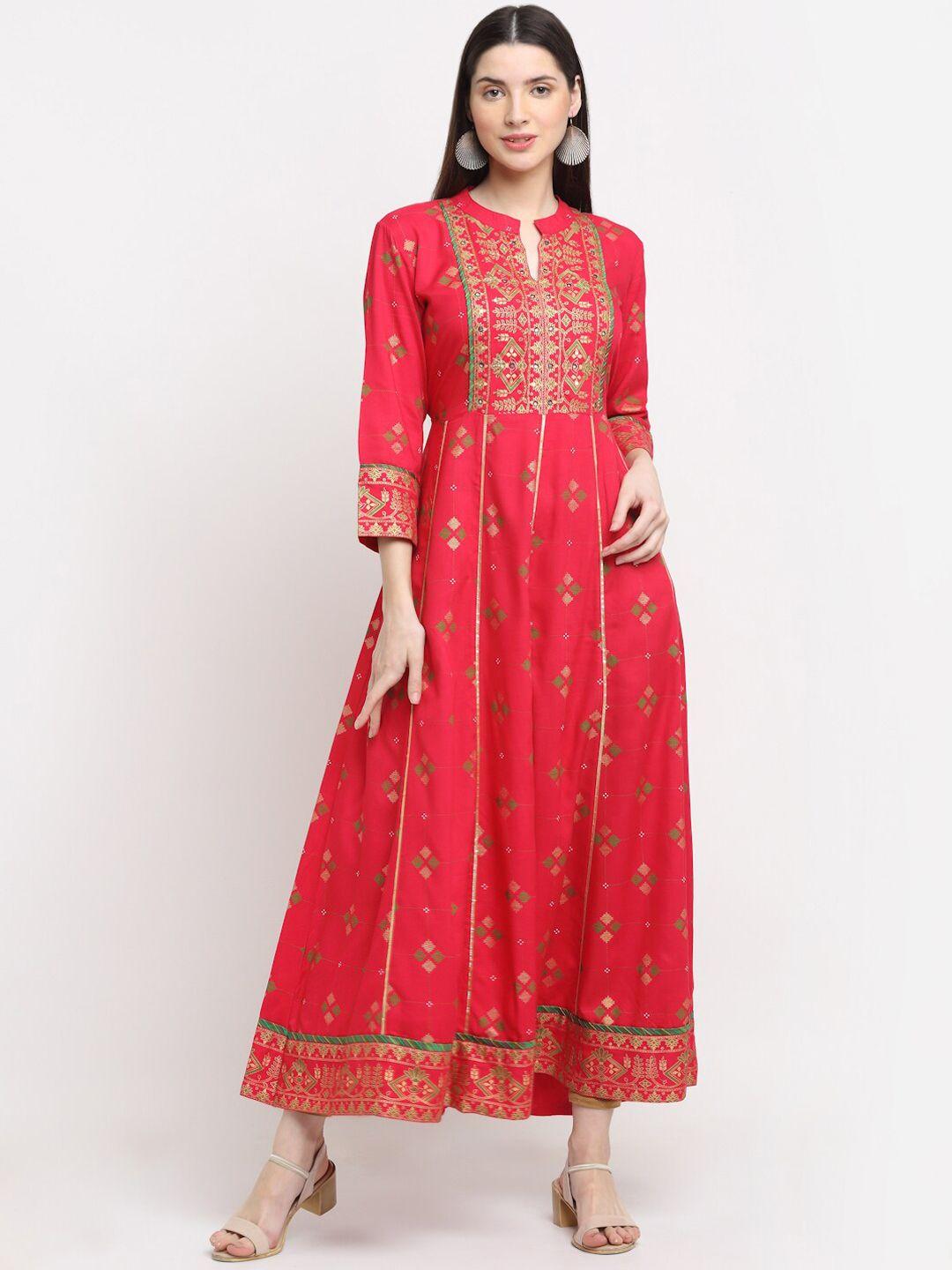 kalini women fuchsia & green ethnic motifs printed anarkali kurta with dupatta