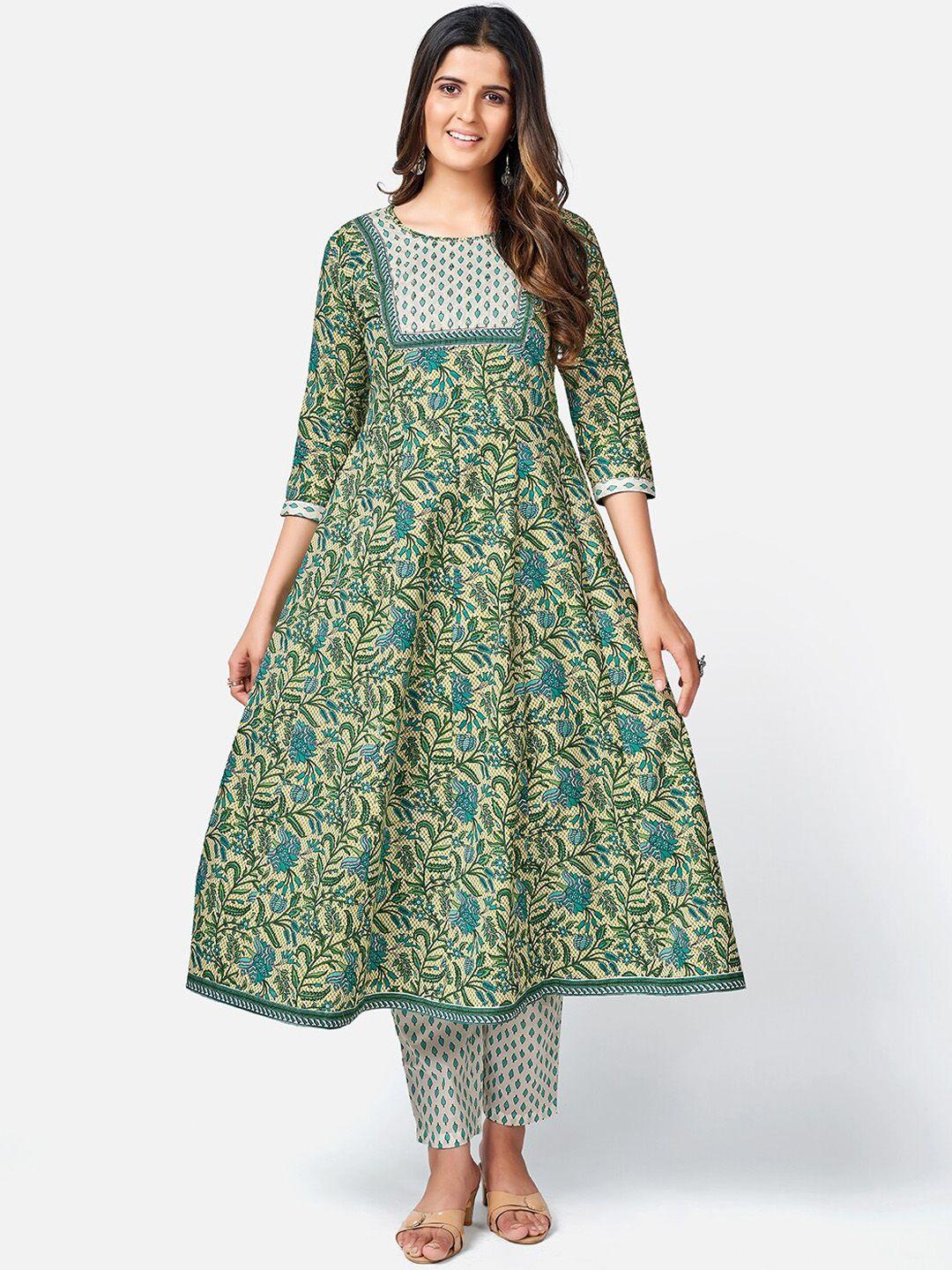 kalini women green & blue printed panelled pure cotton kurta with trousers & with dupatta