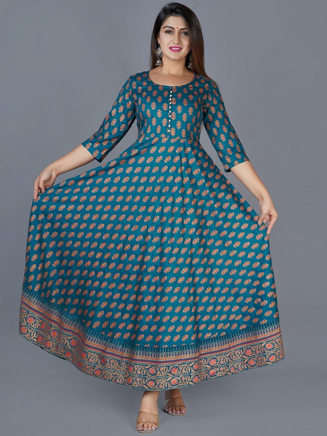 kalini women green & blue sapphire geometric checked flared sleeves mirror work asymmetric anarkali kurta