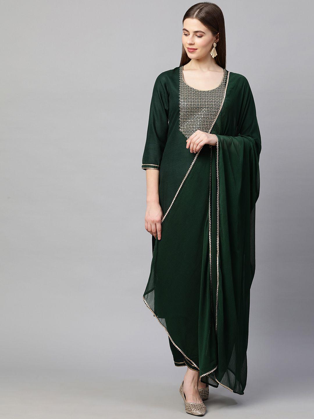kalini women green & gold-toned sequinned kurta with trousers & with dupatta