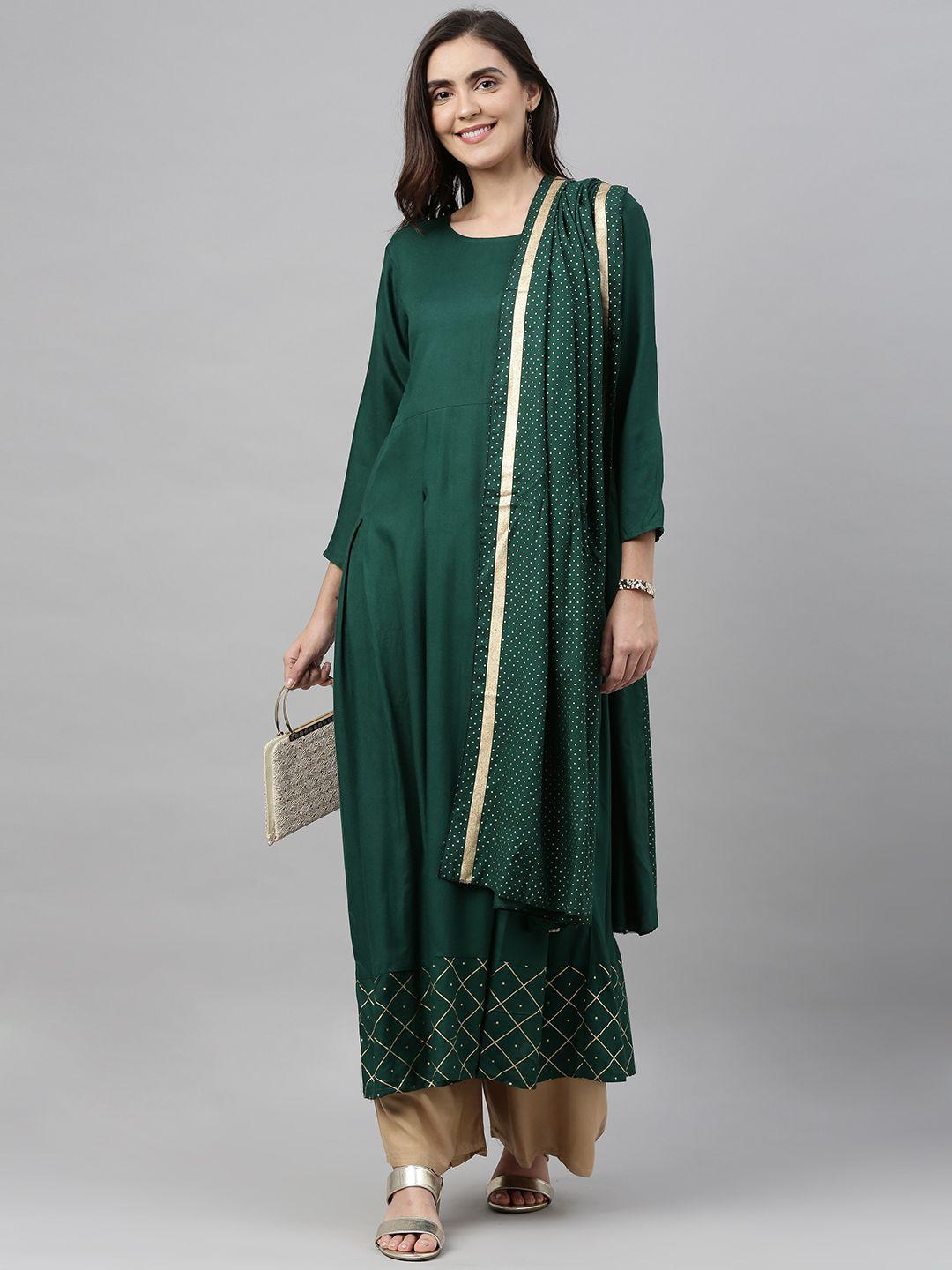kalini women green & golden solid kurta with palazzos & dupatta