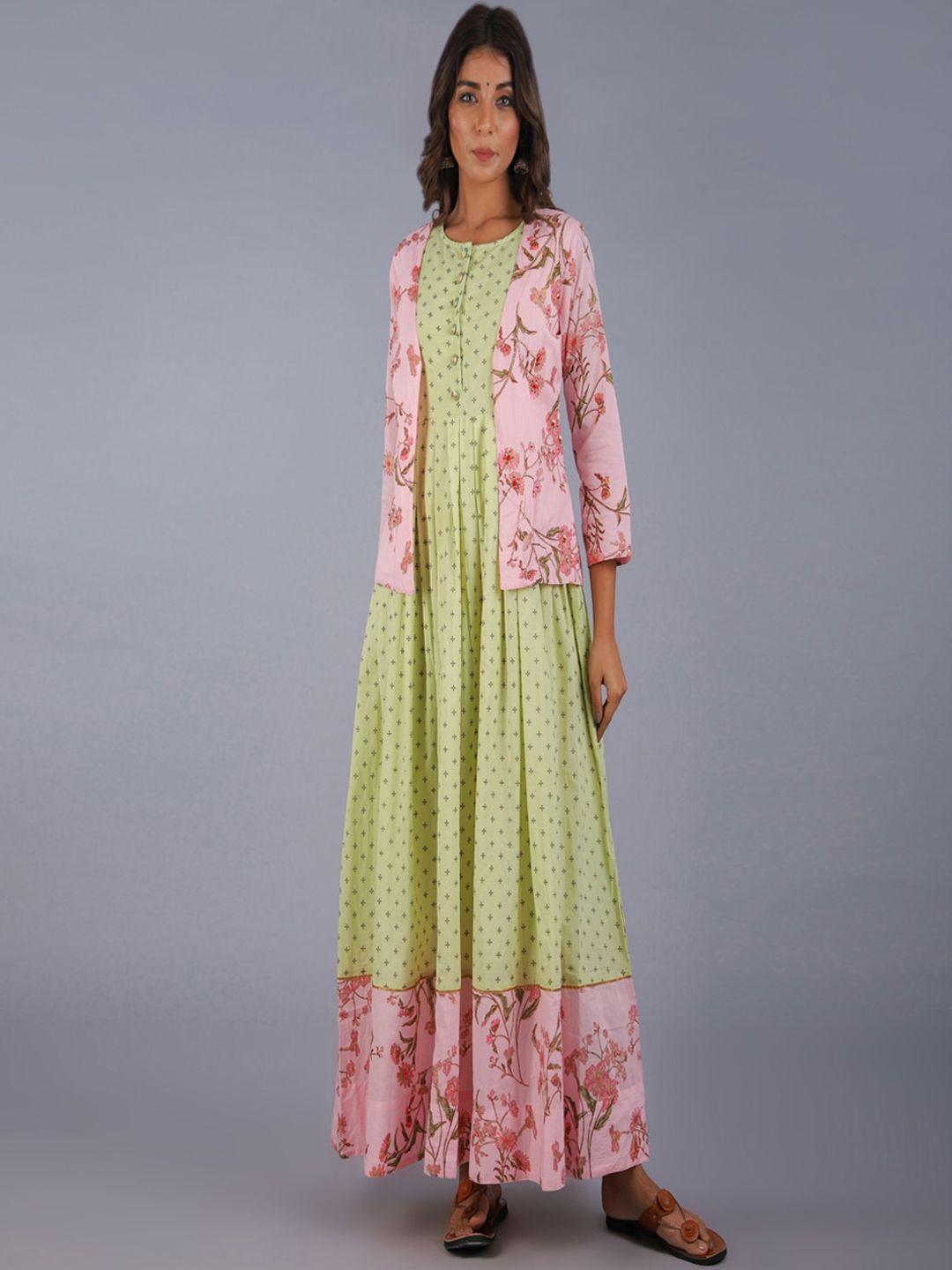 kalini women green & pink ethnic motifs cotton maxi dress with jacket