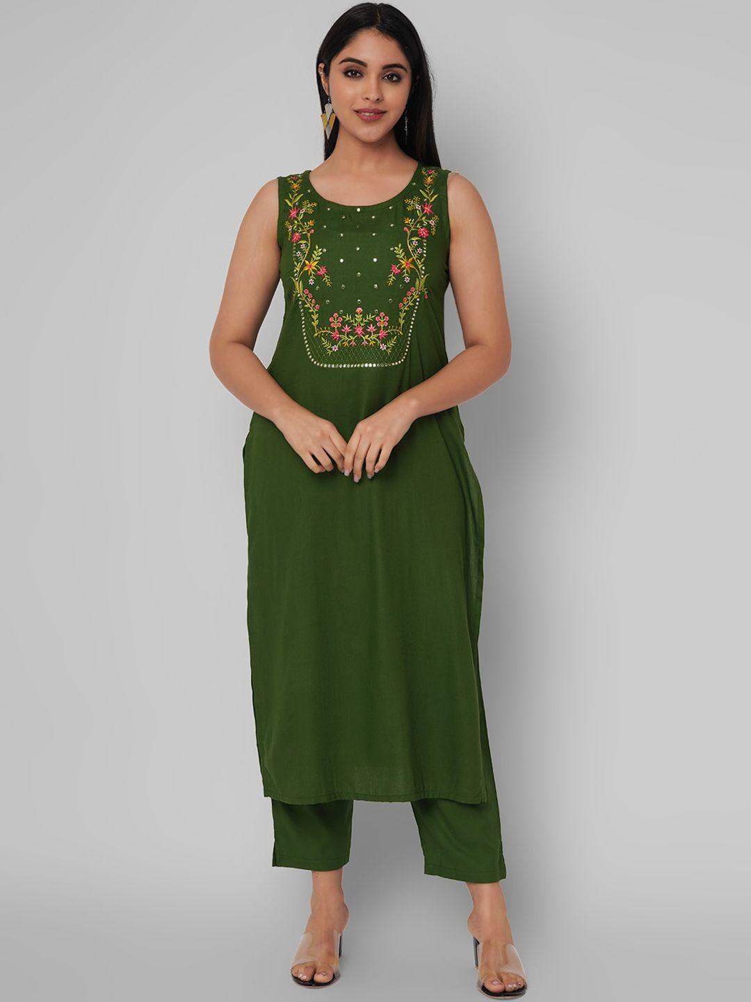 kalini women green & pink floral embroidered kurta with trousers