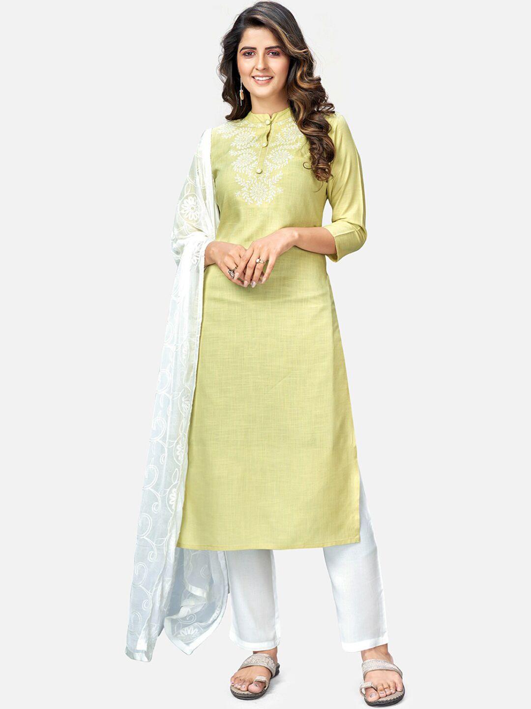 kalini women green & white floral embroidered kurta with trouser & with dupatta