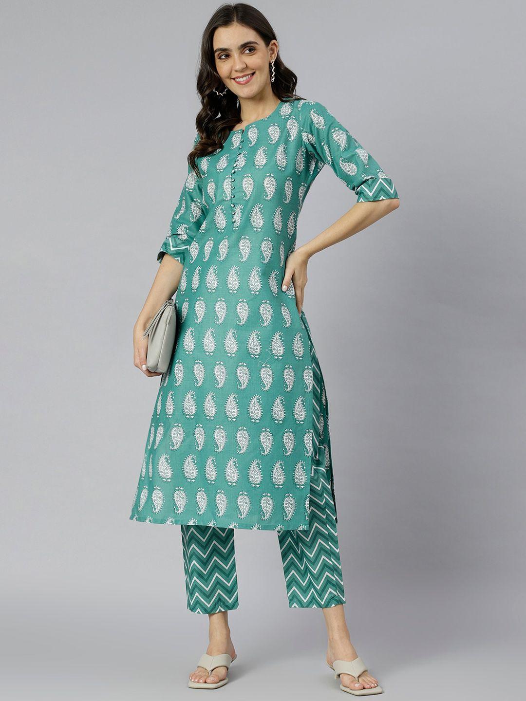kalini women green & white paisley printed kurta with trousers