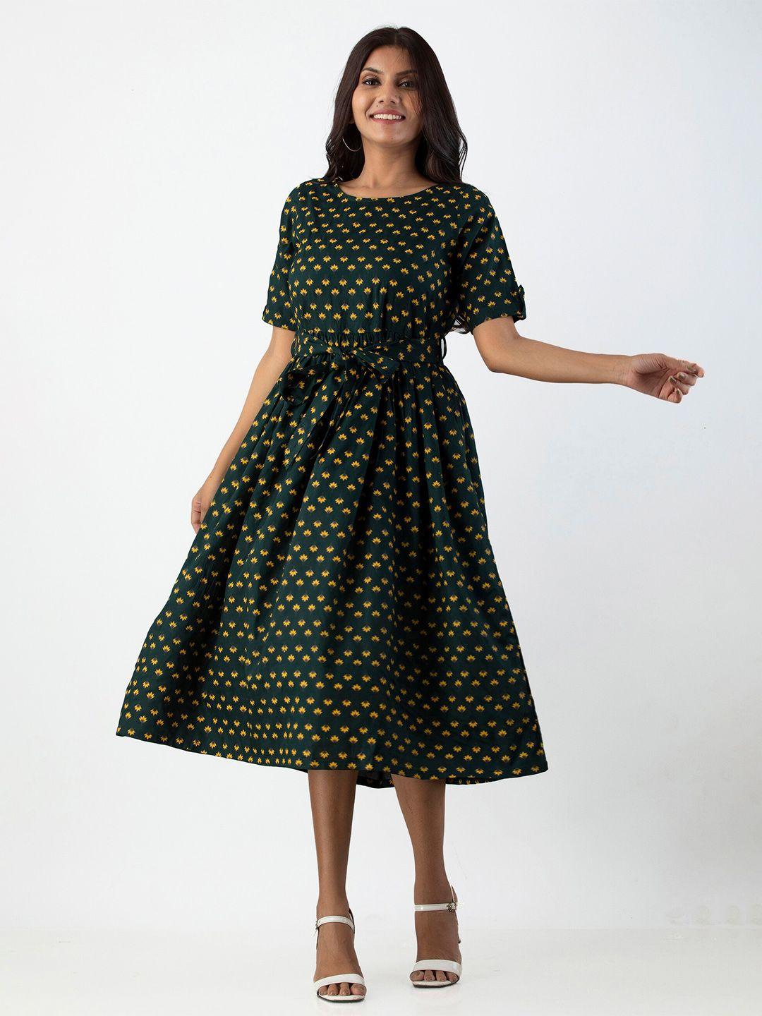 kalini women green & yellow floral printed fit & flare dress