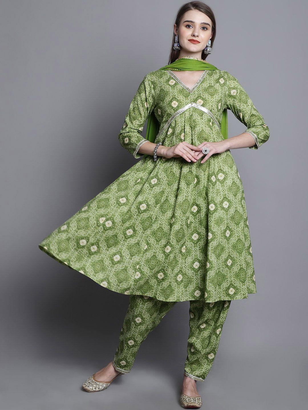 kalini women green bandhani printed empire gotta patti pure cotton kurta with salwar & with dupatta