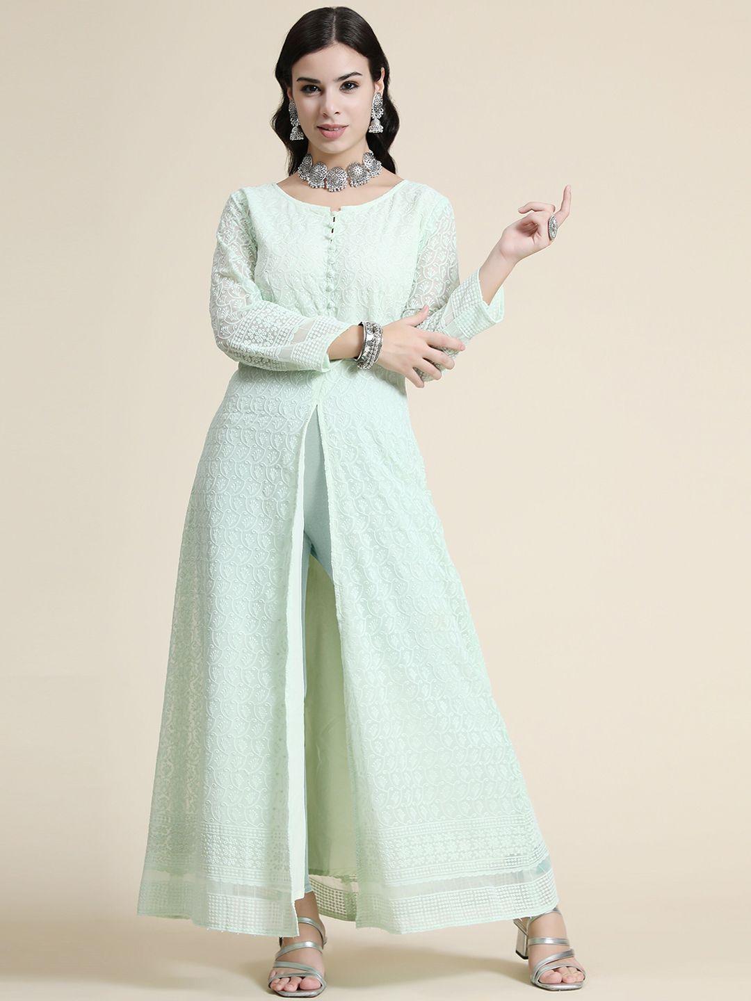 kalini women green embroidered chikankari maxi long ethnic dress