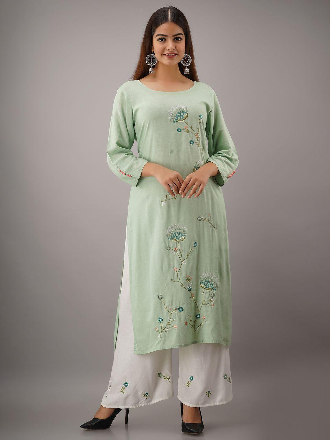 kalini women green embroidered panelled kurti with palazzos