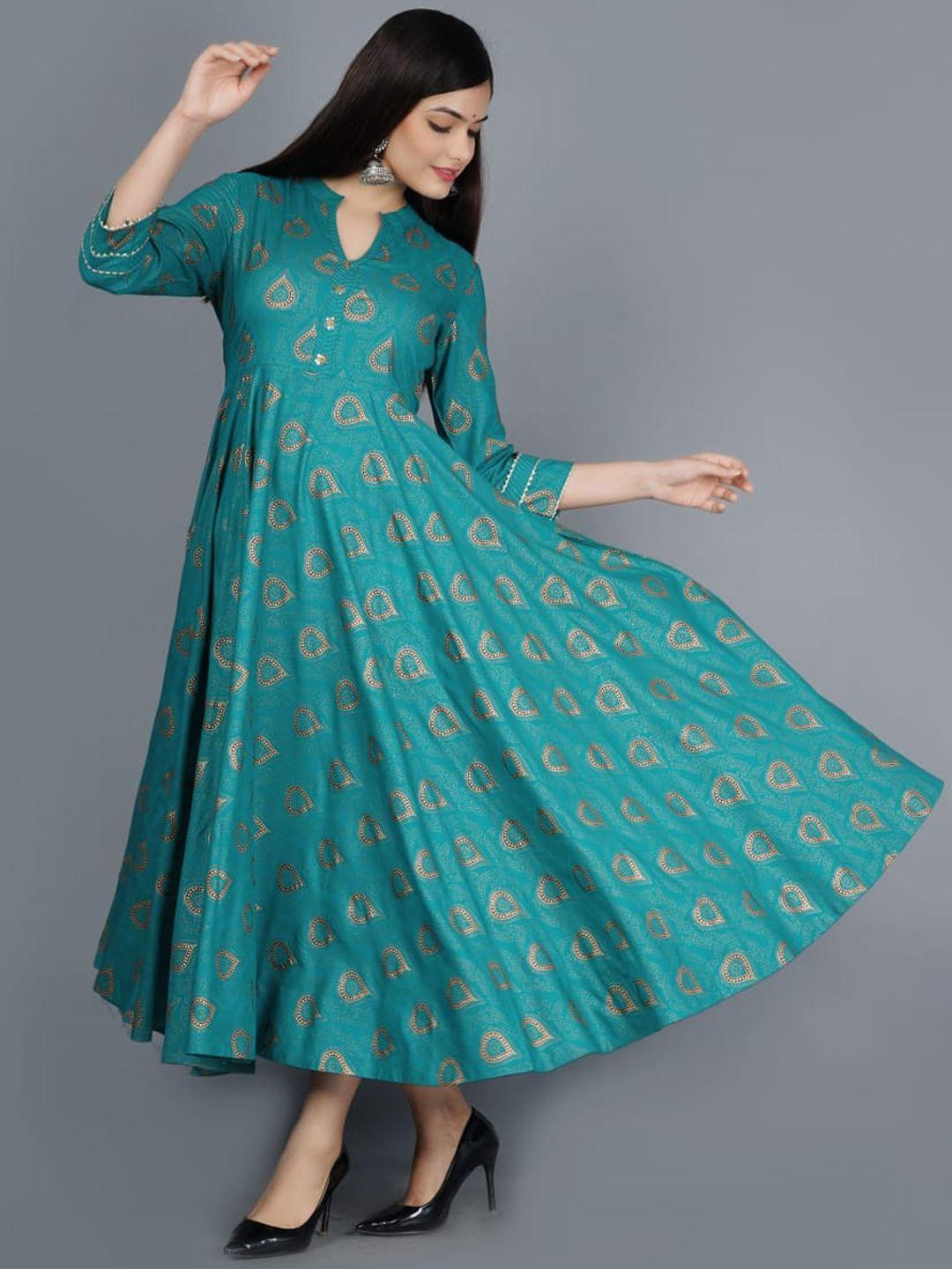 kalini women green ethnic motifs embroidered keyhole neck flared sleeves anarkali kurta