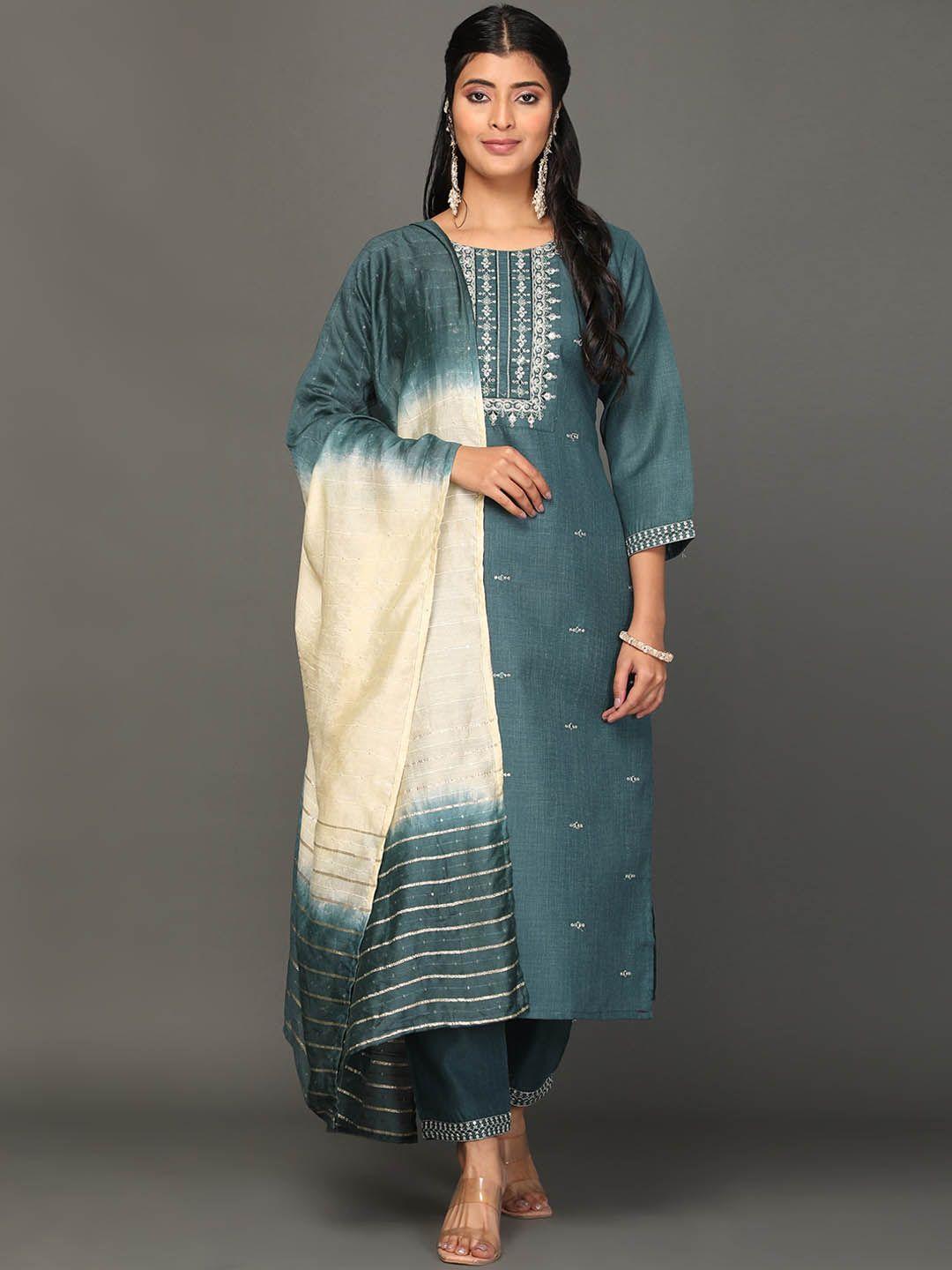 kalini women green ethnic motifs embroidered regular thread work kurta with trousers & with dupatta