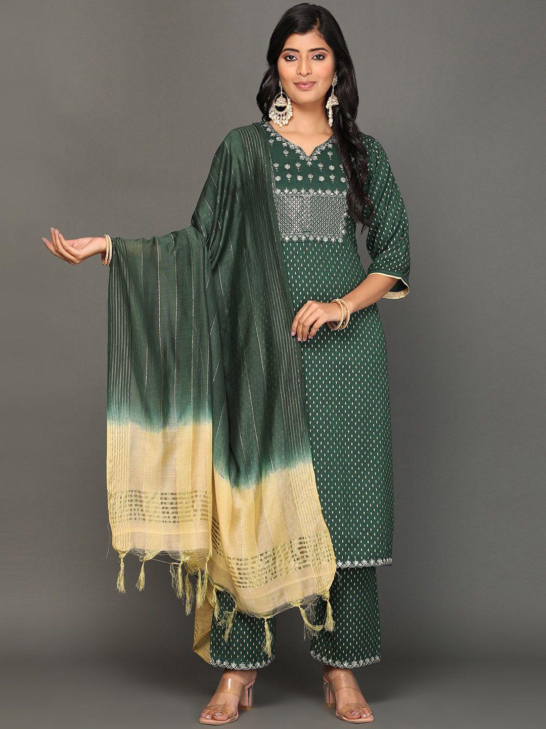 kalini women green ethnic motifs embroidered regular thread work kurta with trousers & with dupatta