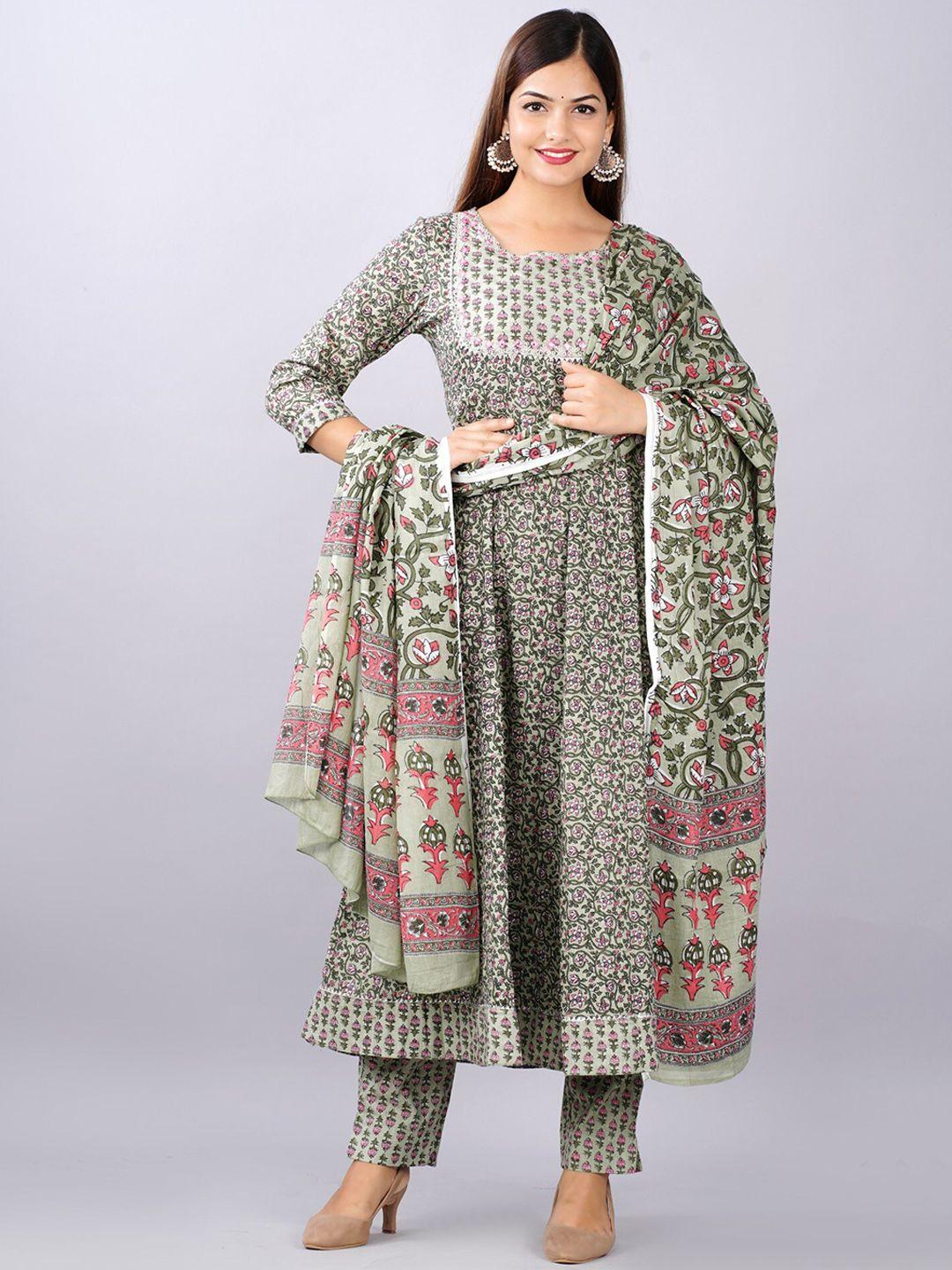 kalini women green ethnic motifs printed gotta patti pure cotton kurti with sharara & with dupatta