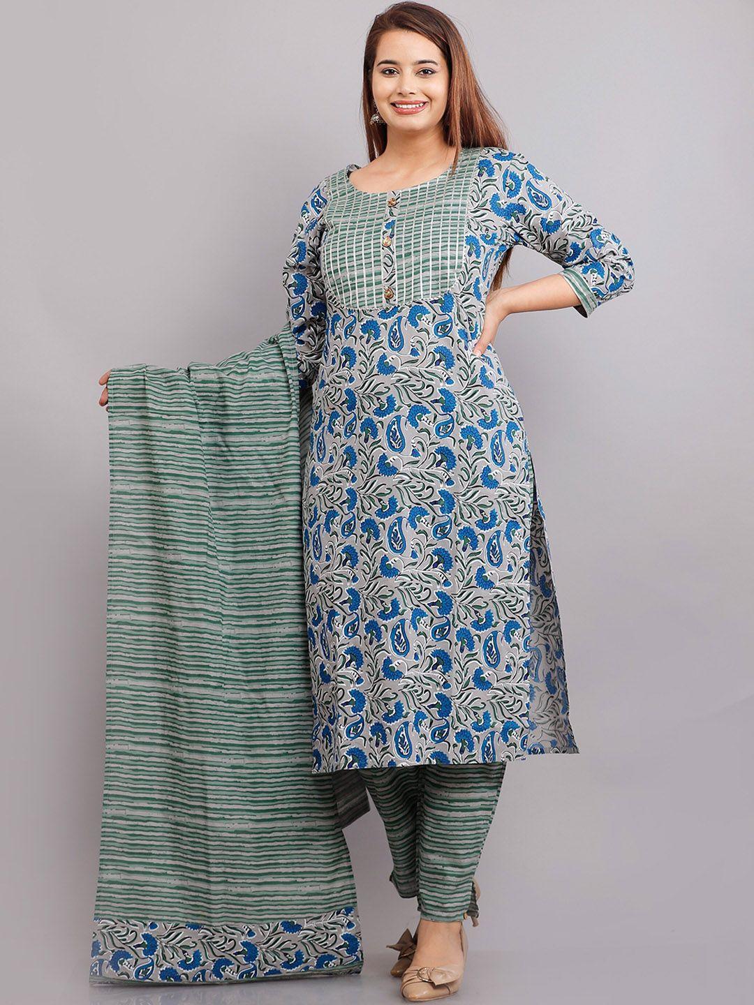 kalini women green ethnic motifs printed pure cotton kurti with churidar & with dupatta