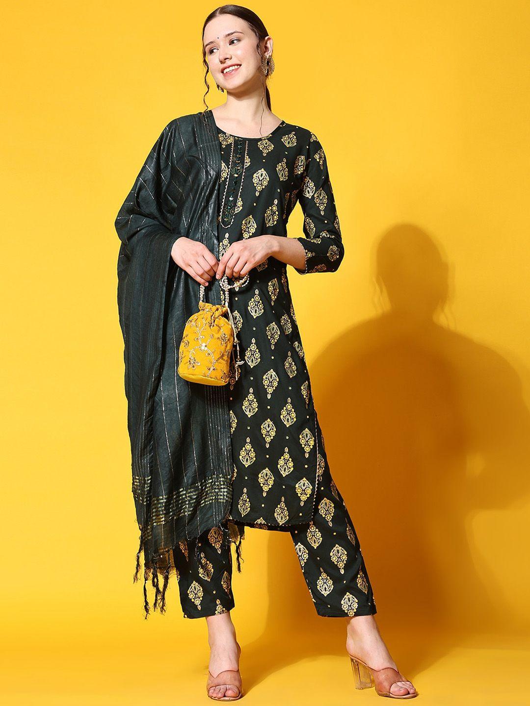 kalini women green ethnic motifs printed regular kurta with trousers & with dupatta