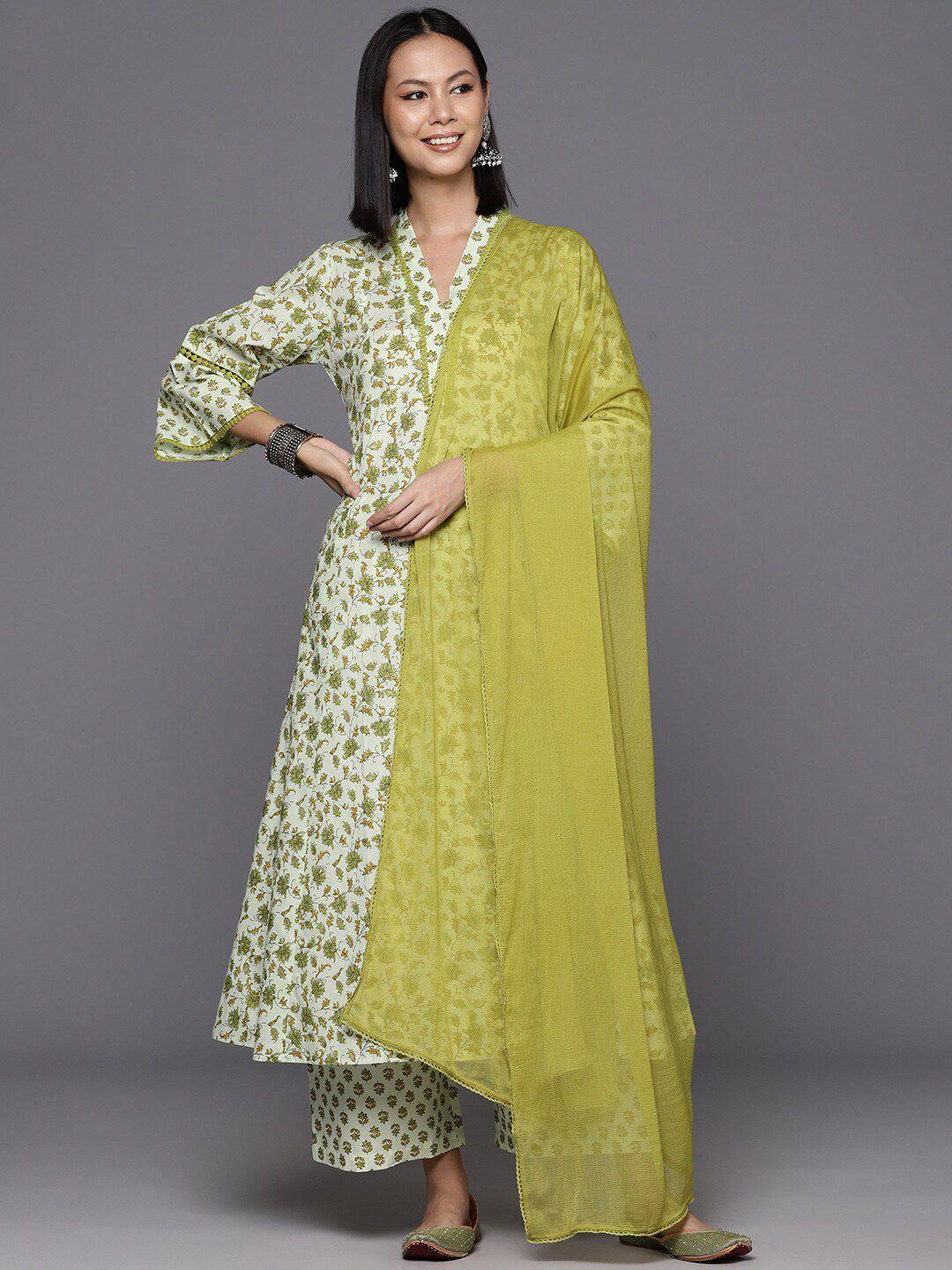 kalini women green ethnic motifs printed regular pure cotton kurta with trousers & with dupatta