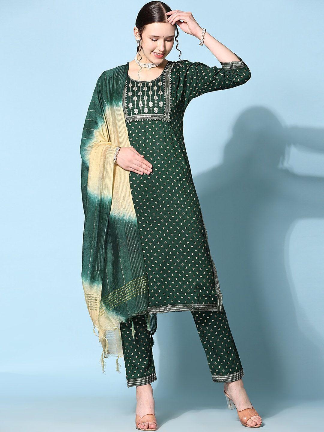 kalini women green ethnic motifs printed regular thread work kurta with trousers & with dupatta