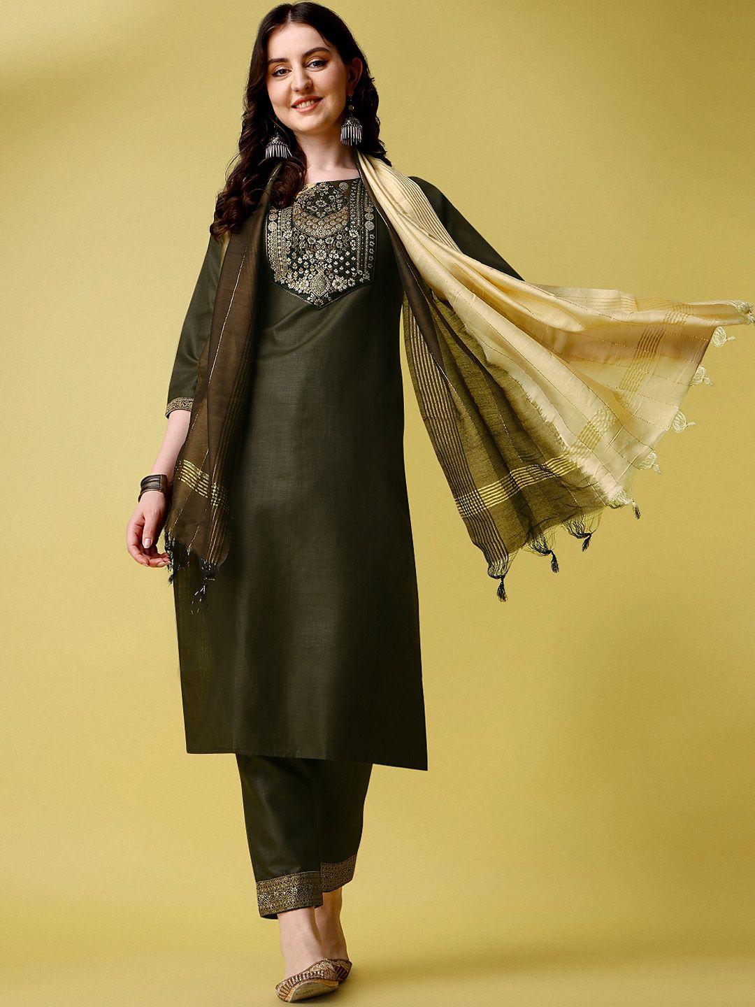 kalini women green ethnic motifs yoke design regular thread work kurta with trousers & with dupatta